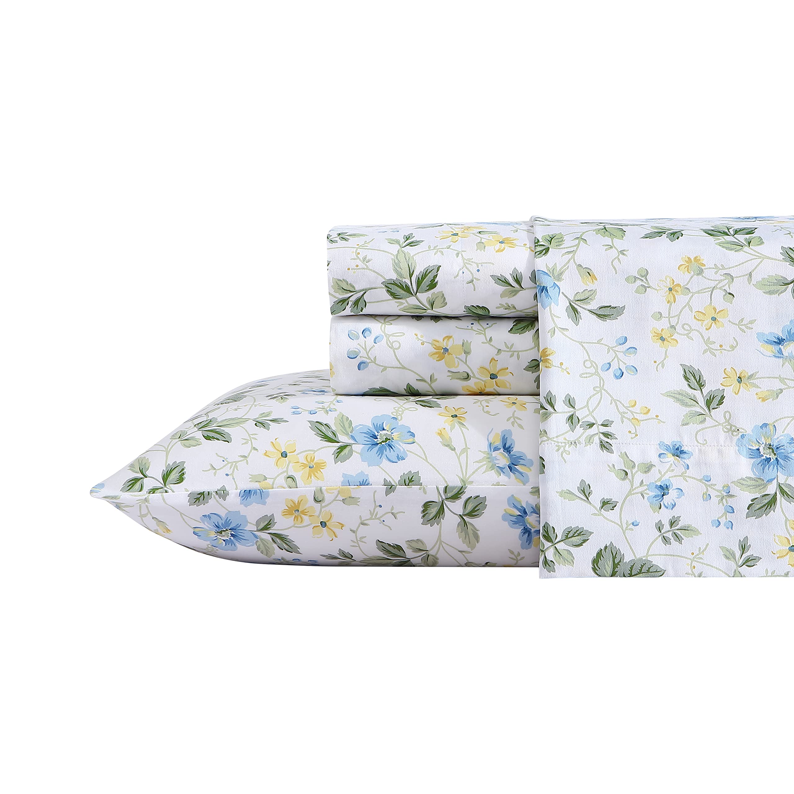 Laura Ashley Home - Queen Sheets, Soft Sateen Cotton Bedding Set - Sleek, Smooth, & Breathable Home Decor (Meadow Floral Blue,4Pcs, Queen)