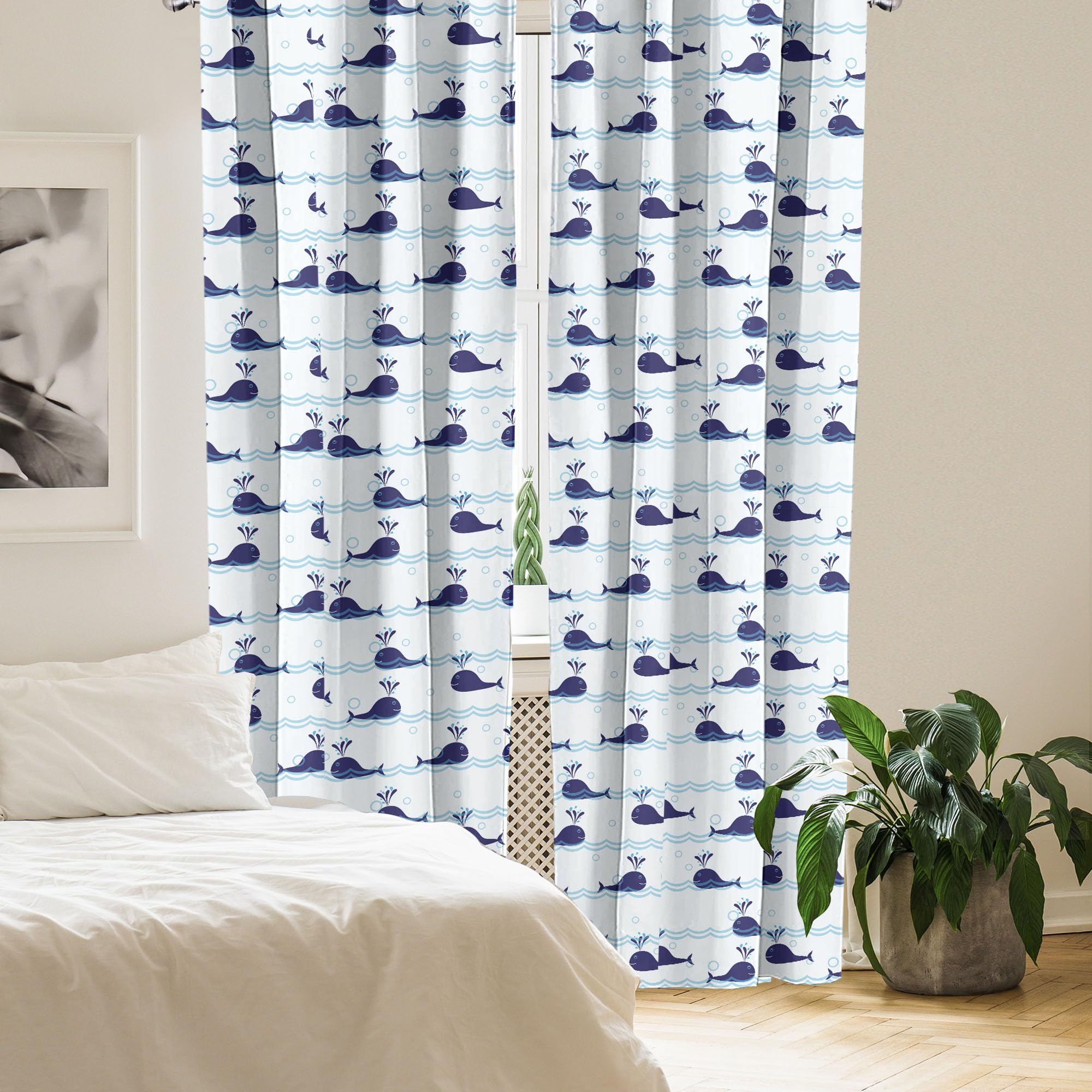 Ambesonne Whale Window Curtains, Horizontal Ocean Waves With Blue Fishes Animals Of Sea, Lightweight Decor 2-Panel Set With Rod