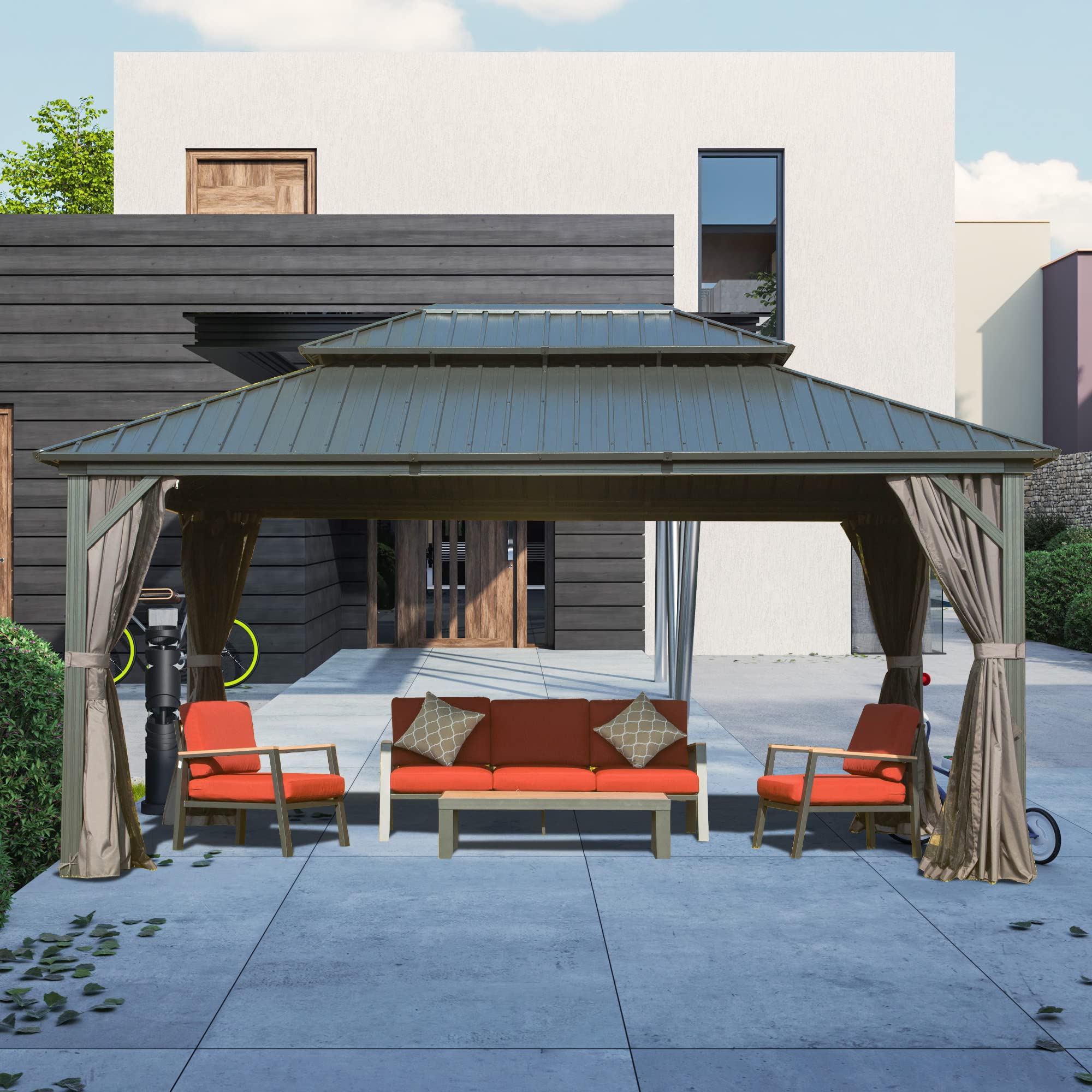 Domi Outdoor Living 12' X 14' Hardtop Gazebo Double Roof Galvanized Steel Canopy, Outdoor Aluminum Frame Permanent Metal Pavilio