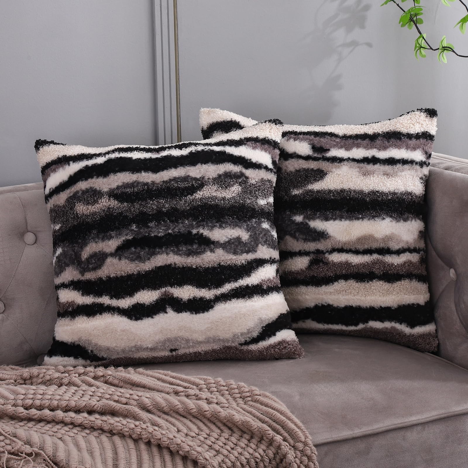 Black Faux Fur Fluffy Throw Pillow Covers 20X20 Set Of 2 Plush Boho Fuzzy Decorative Cushion Cases Home Indoor Decor Winter Deco