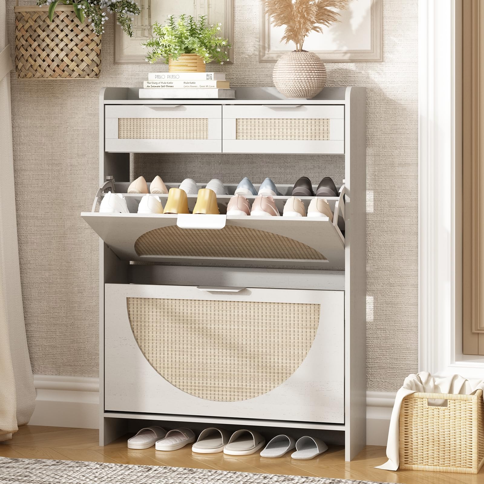 Winwy Rattan Shoe Storage Cabinet With 2 Flip Drawers & 2 Drawers, Freestanding Organizer For Front Door Entrance, Hidden Narrow
