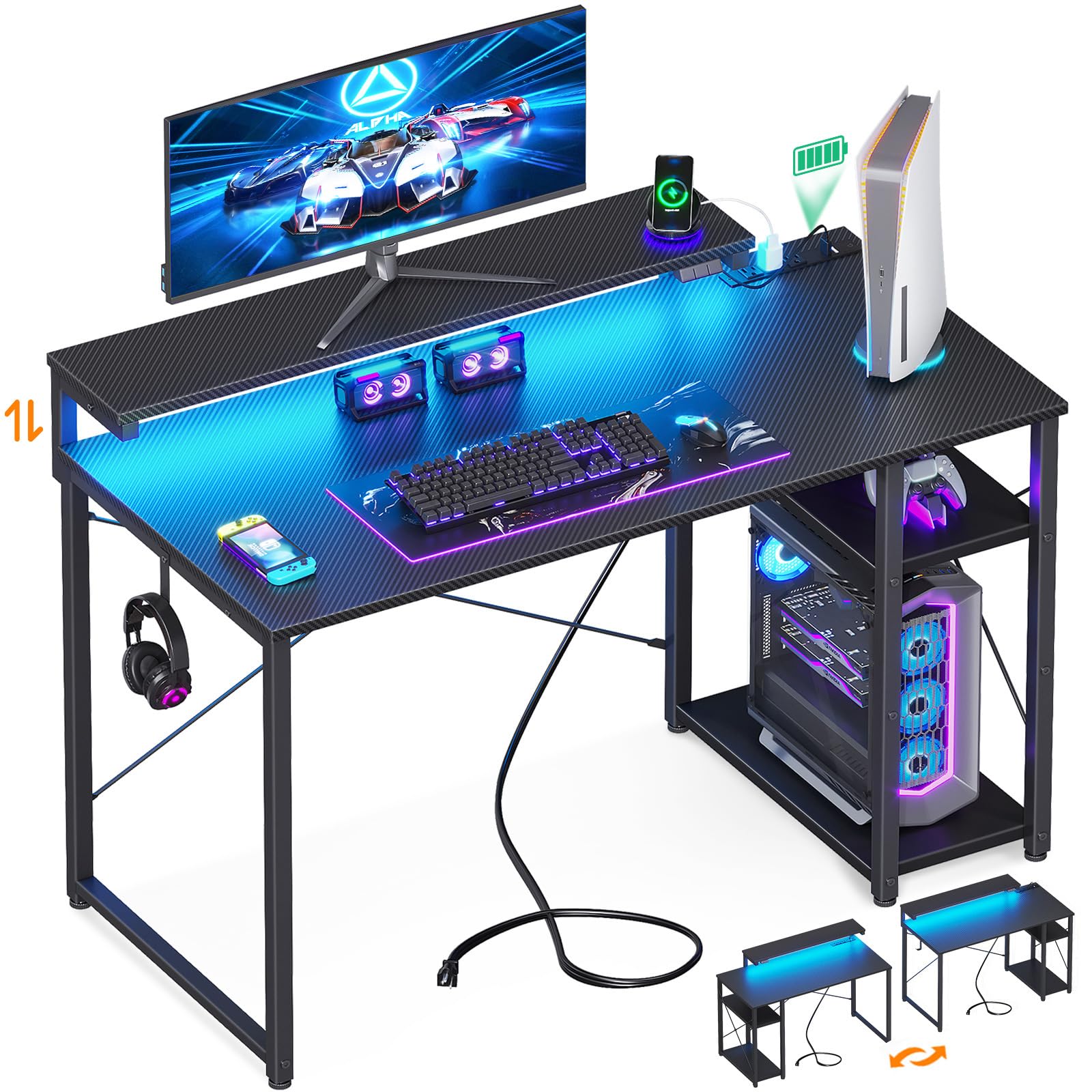 MOTPK Gaming Desk with Led Lights & Power Outlet, 40 Inch Small Gaming Computer Desk with Shelves, Reversible Gamer Desk Table w