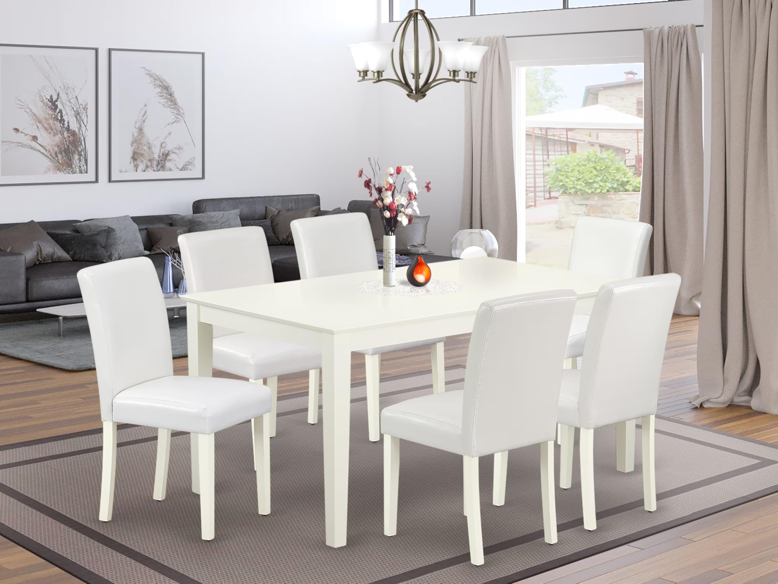 East West Furniture Caab7-Lwh-64 Capri 7 Piece Kitchen Table & Chairs Set Consist Of A Rectangle Room Table And 6 Faux Leather Parsons Dining Chairs, 36X60 Inch, Linen White