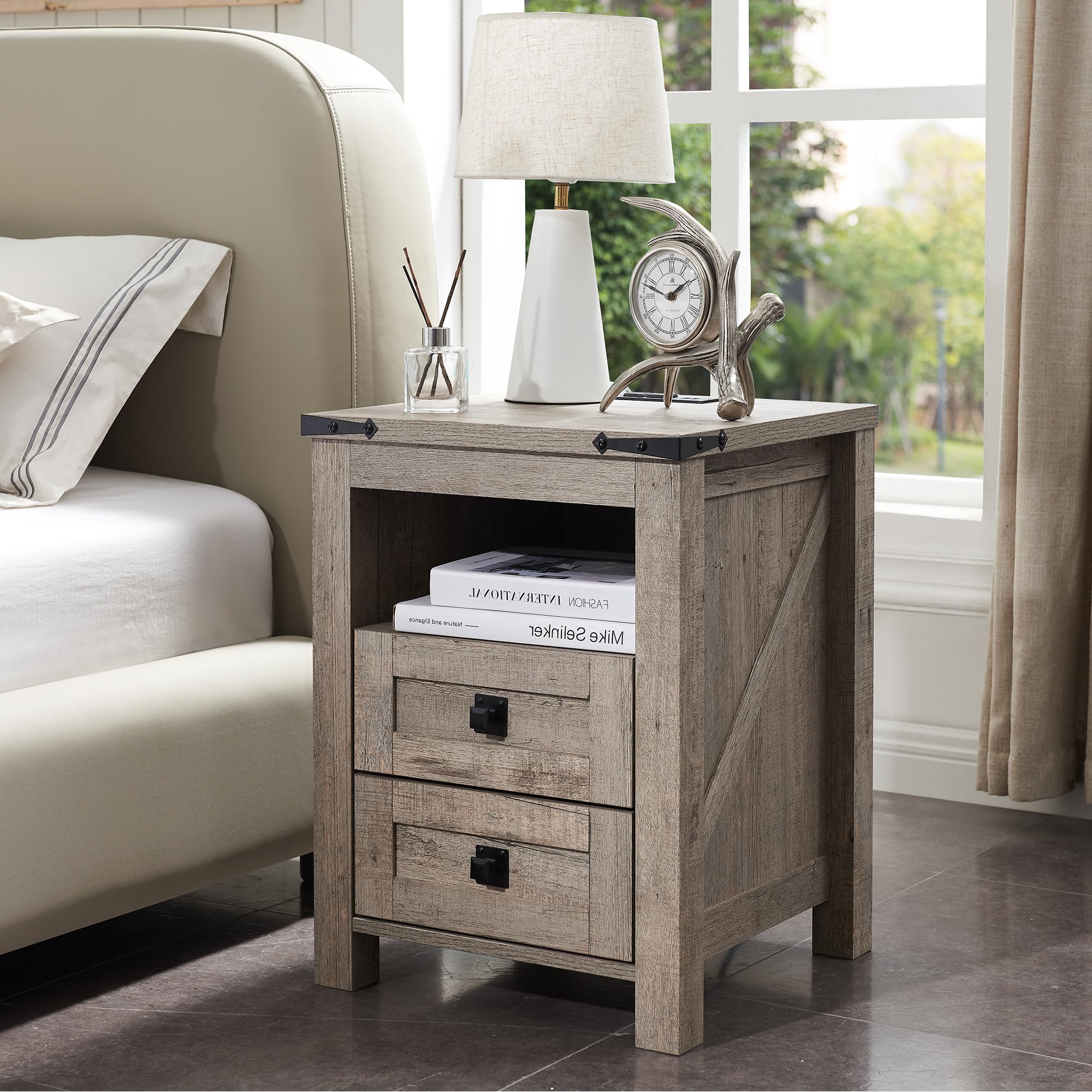Redlemon Farmhouse Nightstand With Charging Station, Rustic 18 Inch End Table With 2 Storage Drawers And Open Shelf, Wood Sofa S
