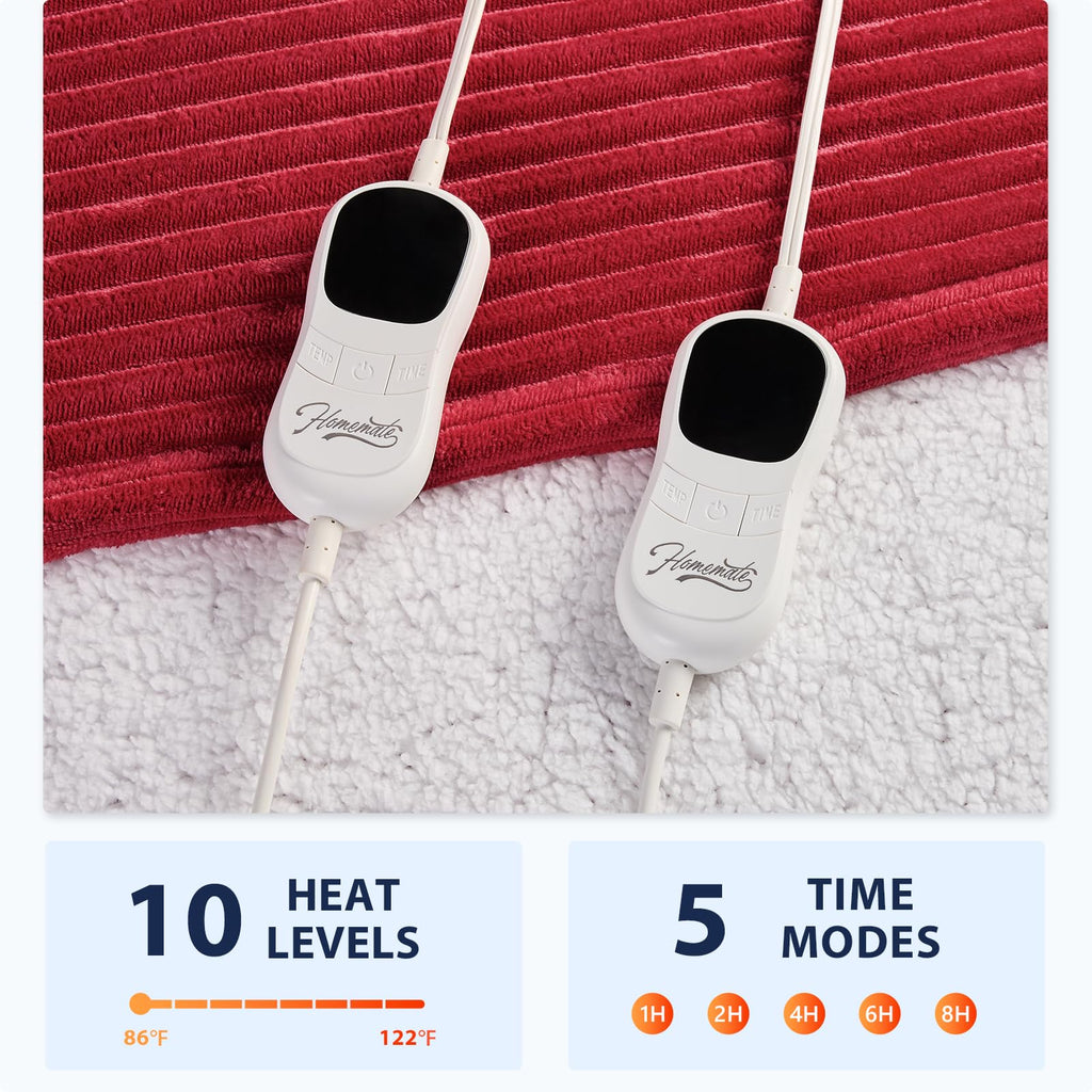 Homemate Electric Blanket Queen Size - 84''X90'' Heated Blanket Queen Size 1/2/4/6/8 Hours Auto-Off 10 Heat Levels Over-Heat Pro