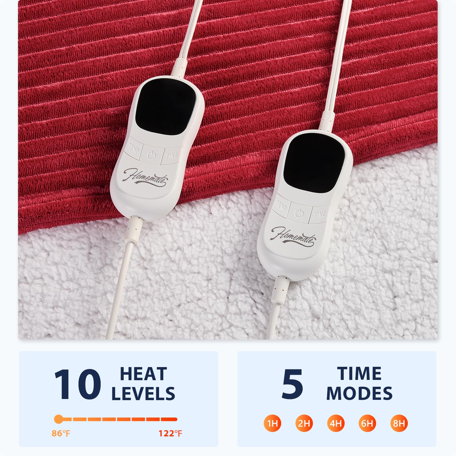 Homemate Electric Blanket Queen Size - 84''X90'' Heated Blanket Queen Size 1/2/4/6/8 Hours Auto-Off 10 Heat Levels Over-Heat Pro