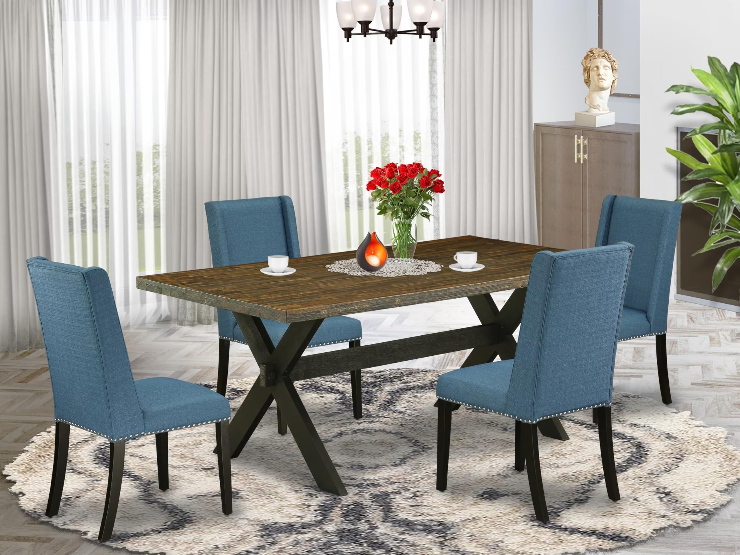 East West Furniture X677Fl121-5 5 Piece Dining Room Furniture Set Includes A Rectangle Dining Table With X-Legs And 4 Blue Linen Fabric Upholstered Chairs, 40X72 Inch, Multi-Color