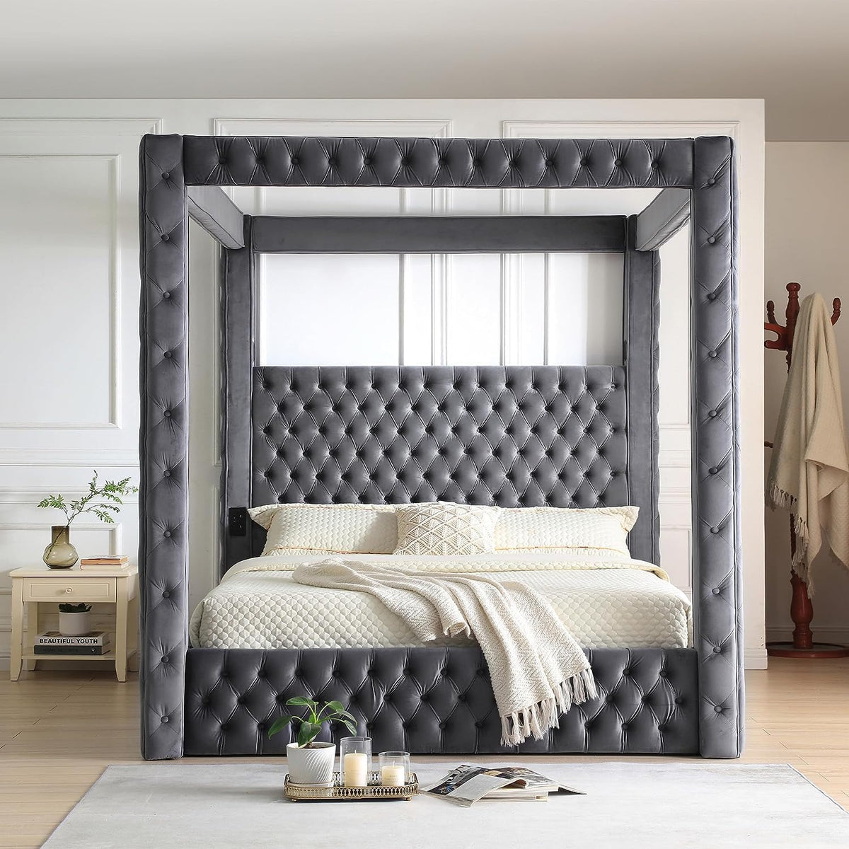 Woodpecker'S Inc Luxurious Velvet Canopy King Bed With Speaker And Usb Connection In Gray