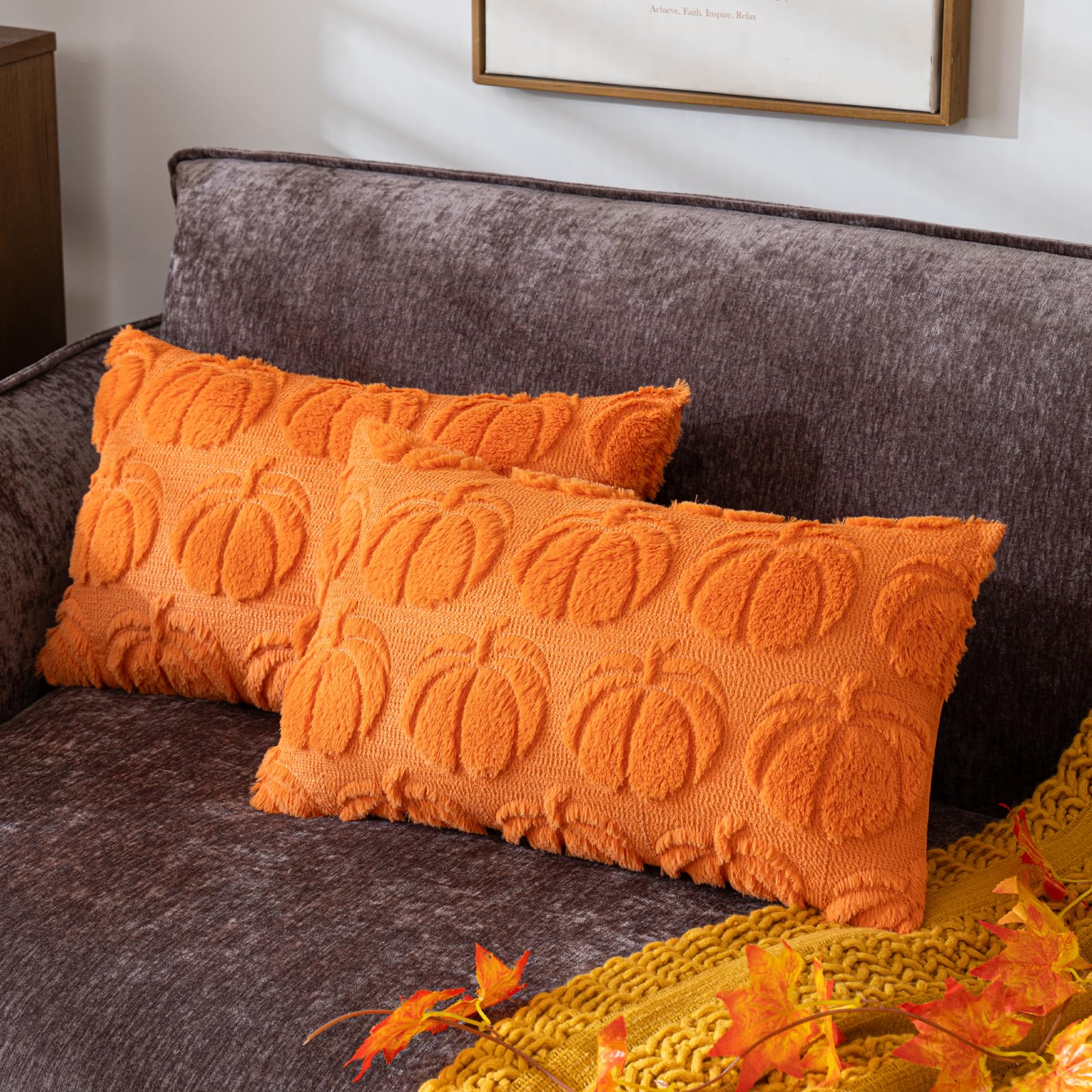 Cosibono Pumpkin Fall Decorative Throw Pillow Covers 12'X20', Set Of 2 Orange Soft Faux Fur Pillow Covers For Autumn Harvest,