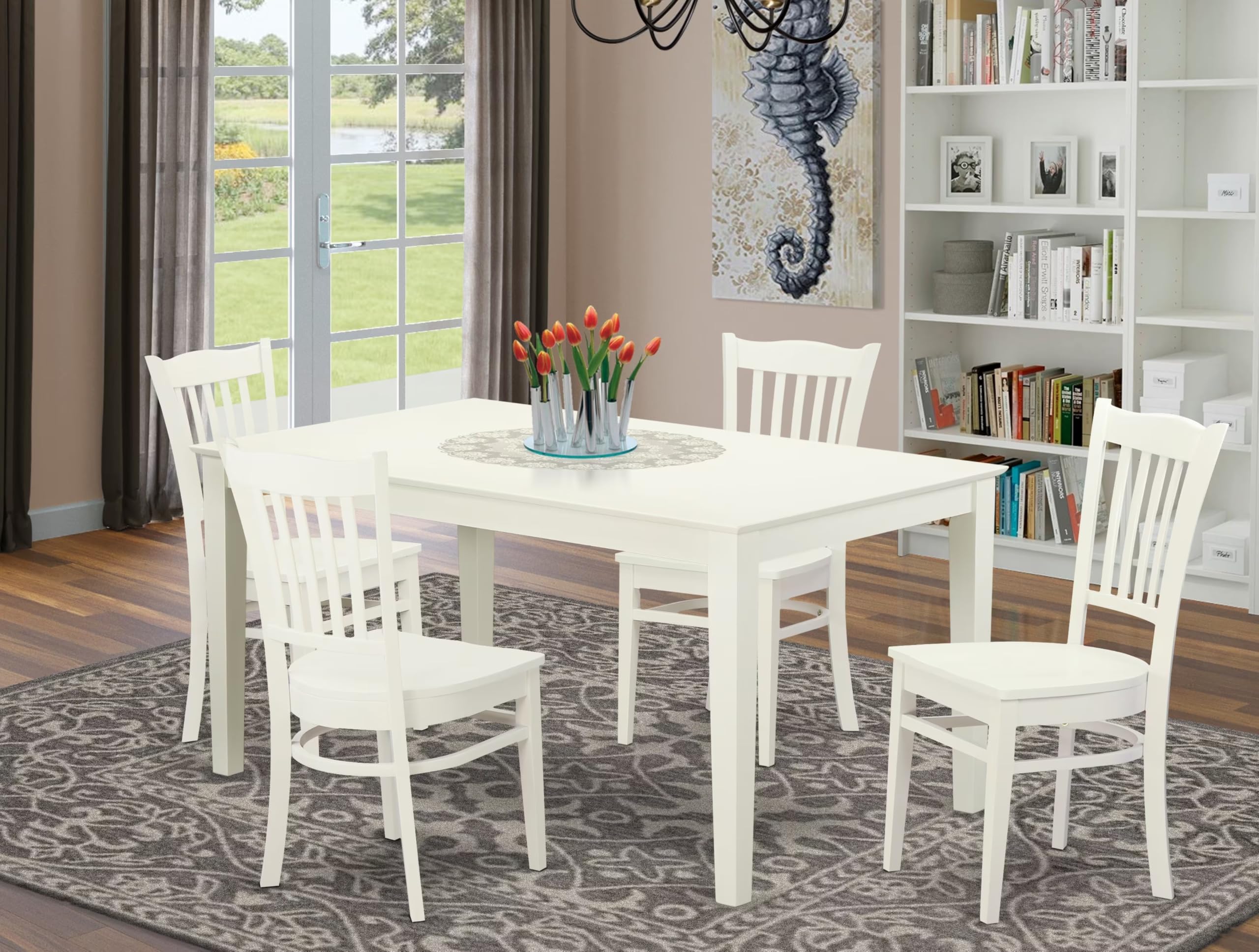 East West Furniture CAGR5-LWH-W 5 Piece Dining Set Includes a Rectangle Dining Room Table and 4 Kitchen Chairs, 36x60 Inch, Linen White