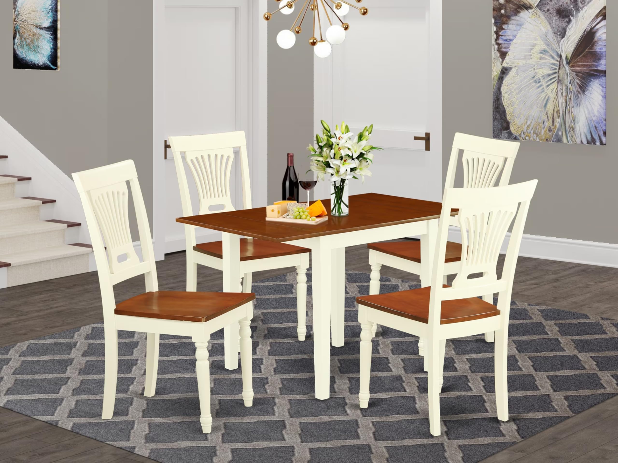 East West Furniture Ndpl5-Whi-W 5 Piece Dining Room Table Set Includes A Rectangle Kitchen Table With Dropleaf And 4 Dining Chairs, 30X48 Inch, Buttermilk & Cherry