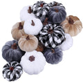 16 Pcs Assorted Faux Small Decorative Fabric Pumpkins Foam Grey Taupe White Velvet Black & White Buffalo Check Pumpkins for Farm