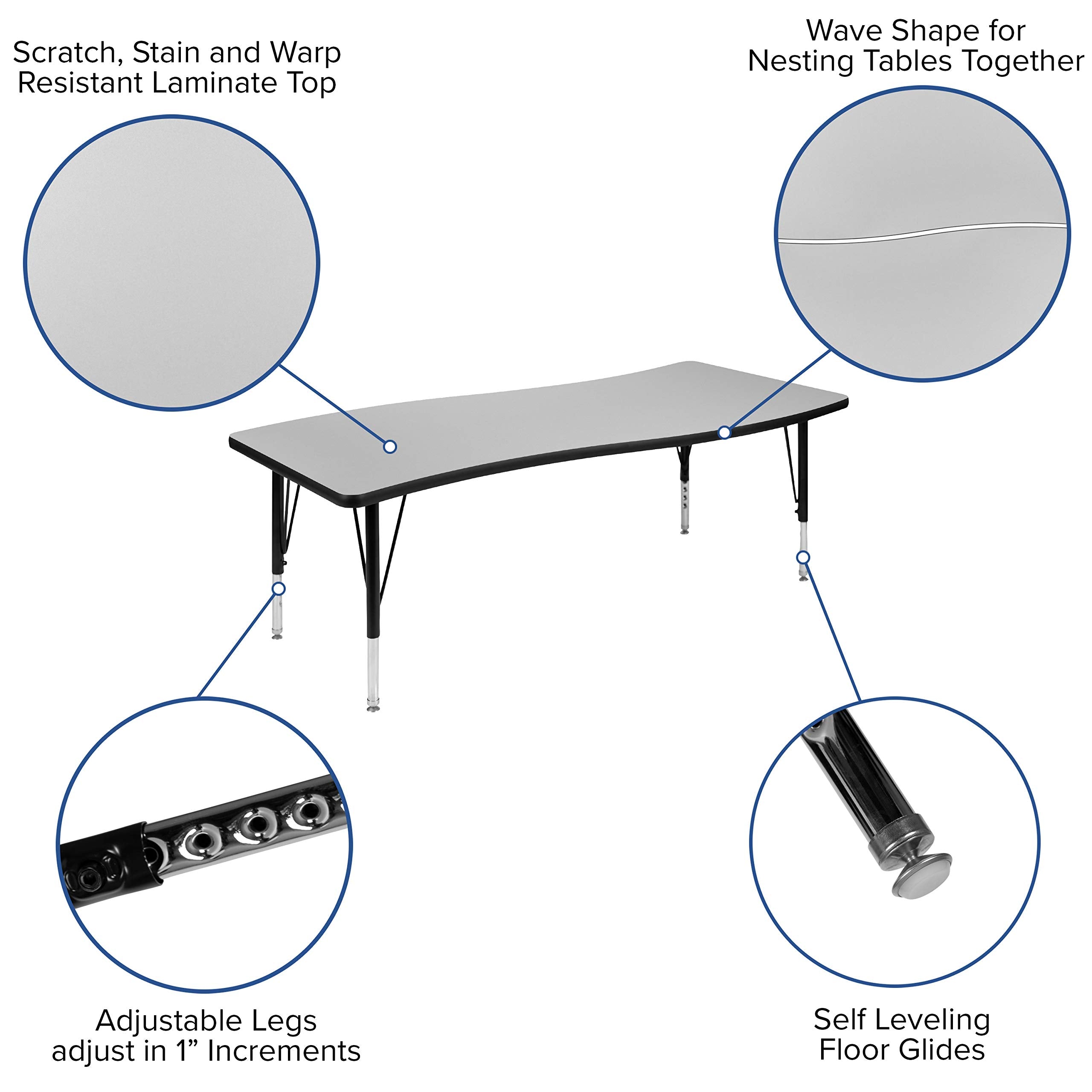 Flash Furniture Wren 26'W X 60'L Rectangular Wave Flexible Collaborative Grey Thermal Laminate Activity Table - Height Adjustable Short Legs