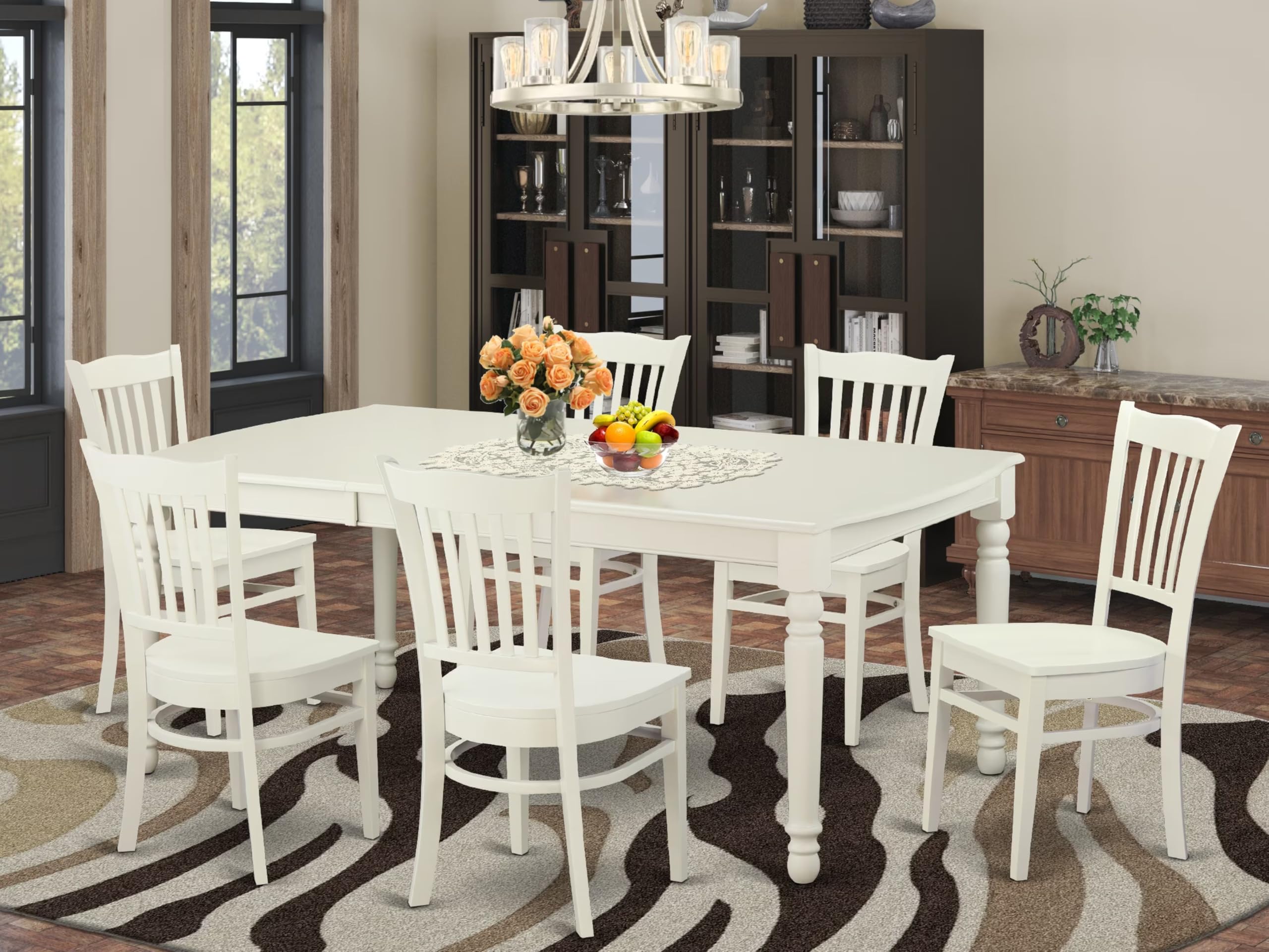 East West Furniture DOGR7-LWH-W 7 Piece Dining Set Consist of a Rectangle Dining Table with Butterfly Leaf and 6 Kitchen Chairs, 42x78 Inch, Linen White