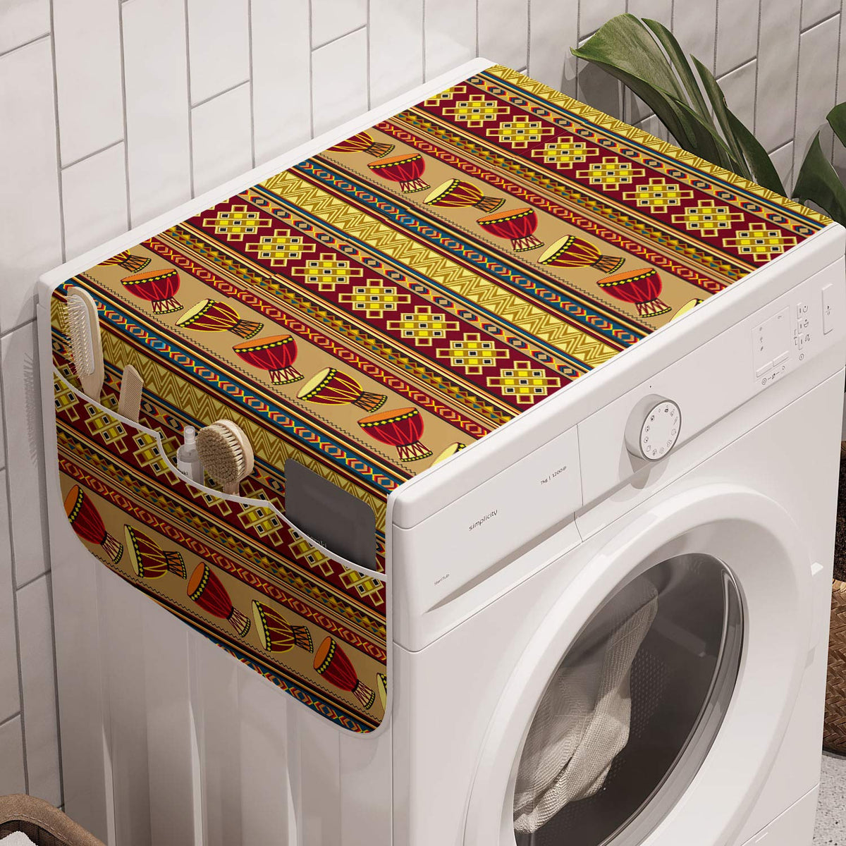 Ambesonne African Washing Machine Organizer Pack Of 2, Oriental Djembe Drums Music Culture In Theme Geometric Chevrons Triangles
