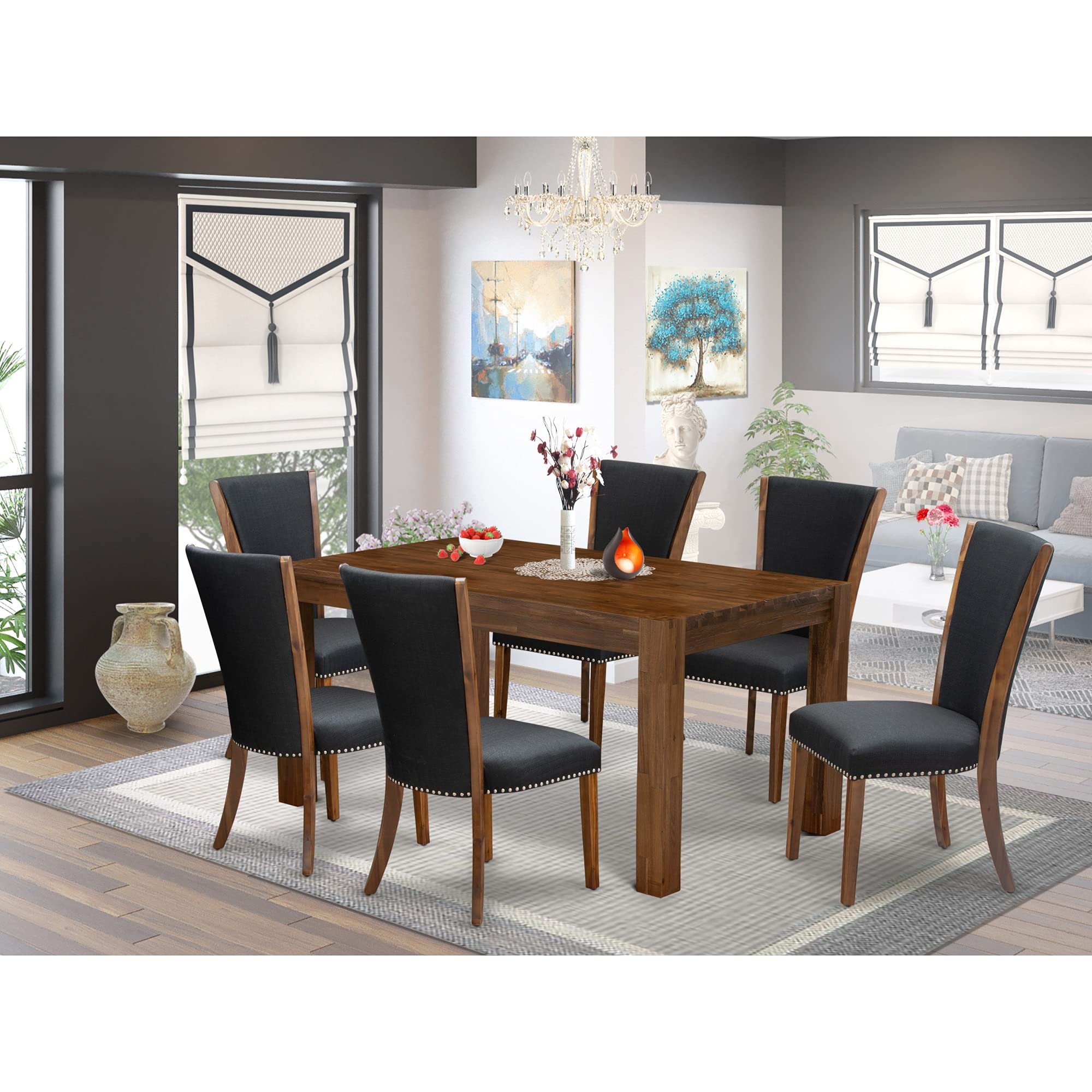 East West Furniture Cnve7-N8-24 7 Piece Dinette Set Consist Of A Rectangle Rustic Wood Dining Room Table And 6 Black Color Linen Fabric Upholstered Chairs, 36X60 Inch, Natural