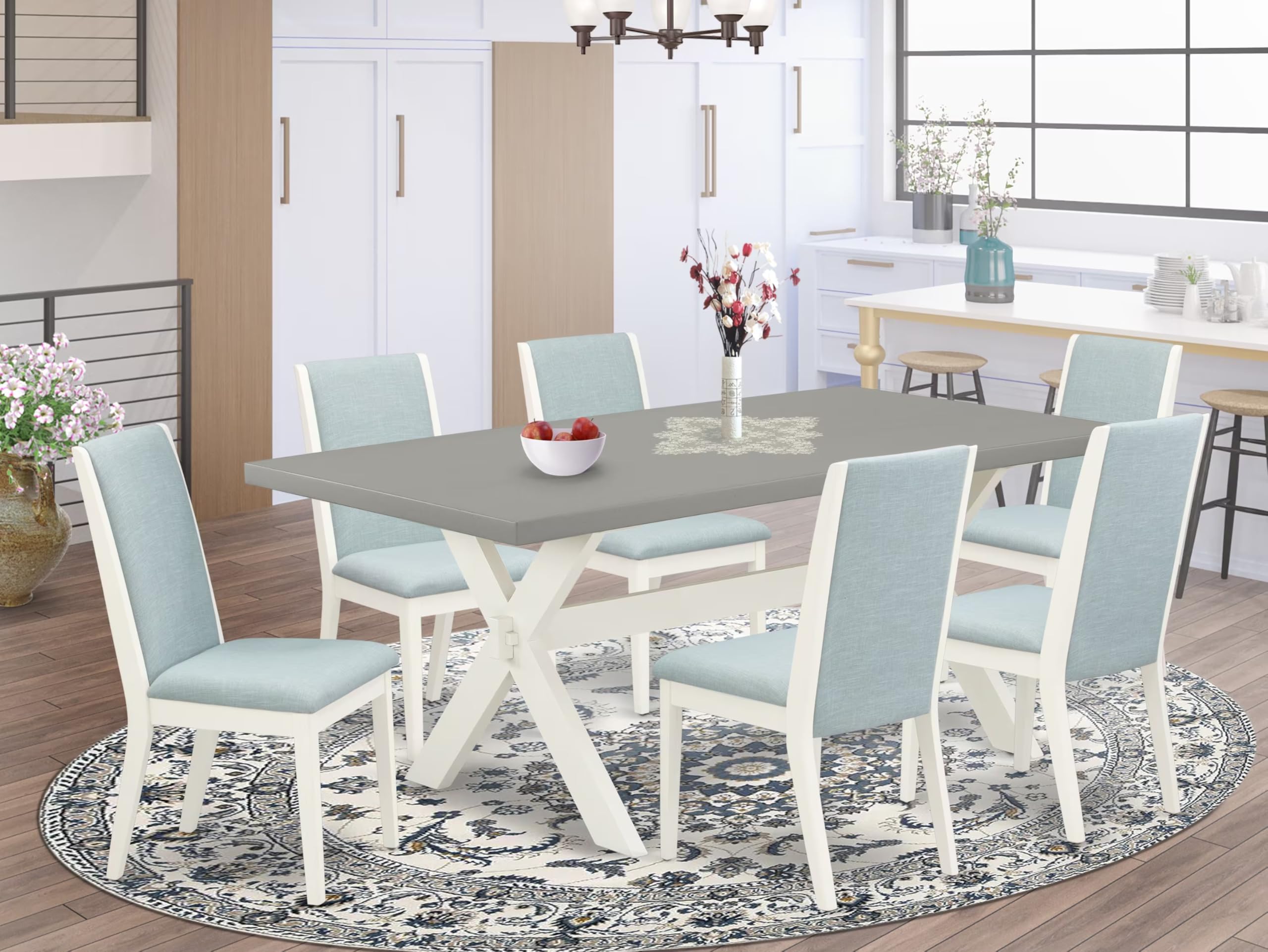 East West Furniture X097La015-7 7 Piece Modern Dining Table Set Consist Of A Rectangle Wooden Table With X-Legs And 6 Baby Blue Linen Fabric Upholstered Chairs, 40X72 Inch, Multi-Color