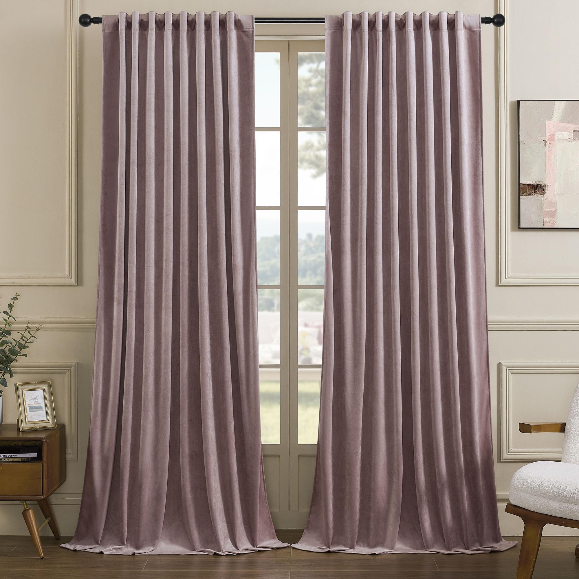 Timeper Dusty Pink 120 Inch Length Velvet Curtains, Room Darkening Energy Smart Thermal Insulated Window Curtains For Living Roo