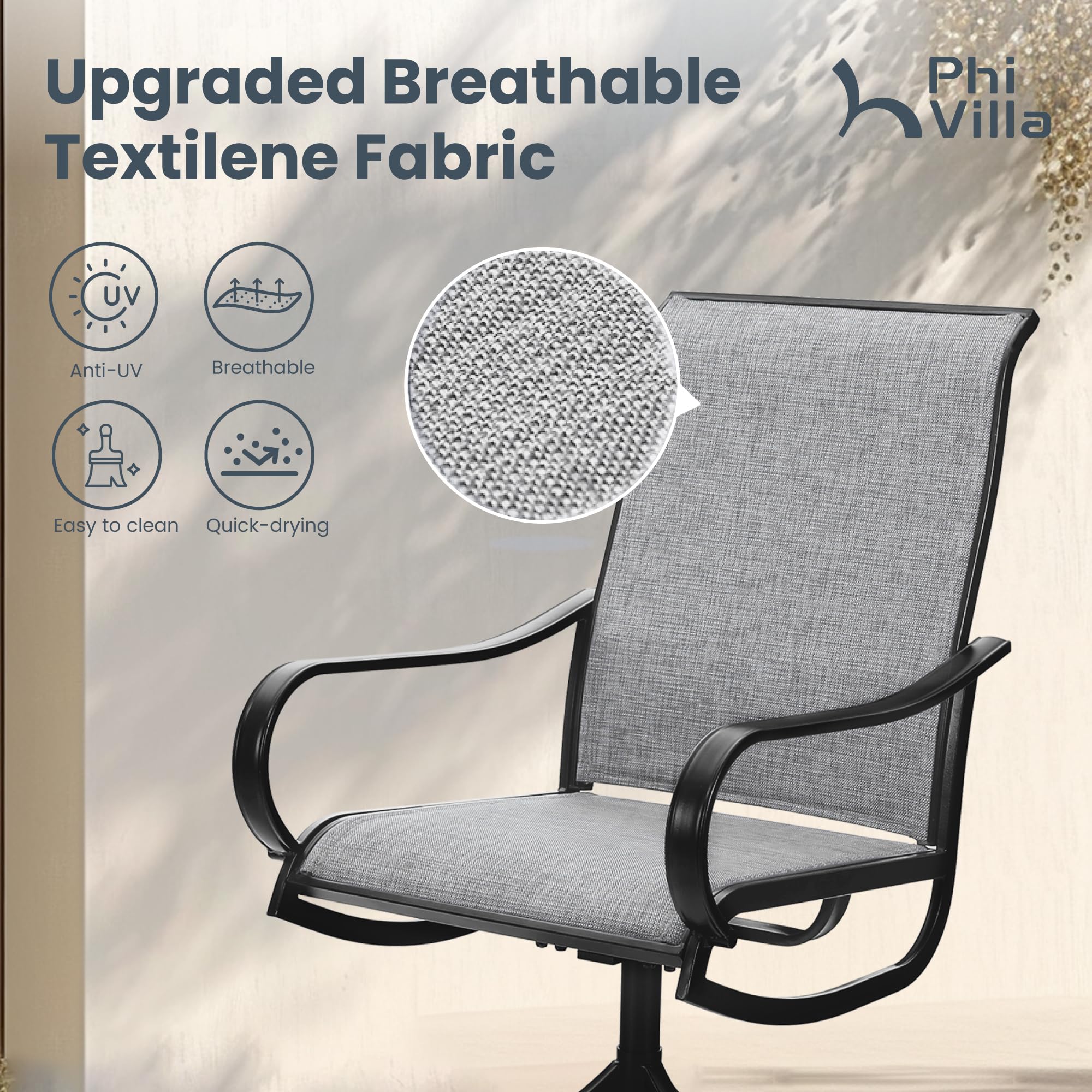 Phi Villa Patio Swivel Dining Chairs Set Of 2, Outdoor Chair With Textilene Mesh Fabric & Black Metal Frame For All Weather Outdoor Lawn Garden Poolside (Gray)