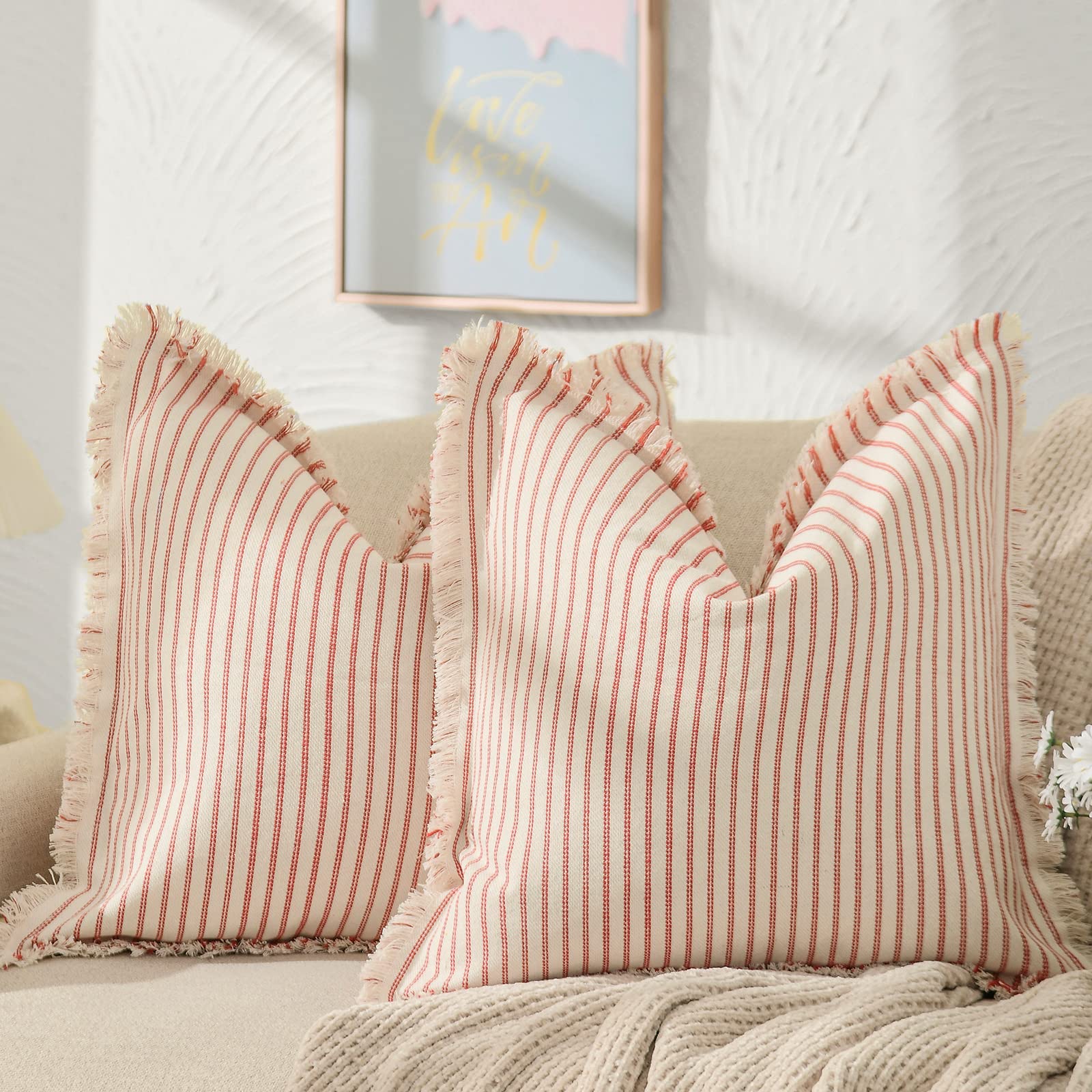 Zwjd Throw Christmas Pillow Covers 22X22 Set Of 2 Striped Pillow Covers With Fringe Chic Cotton Decorative Pillows Square Cushio