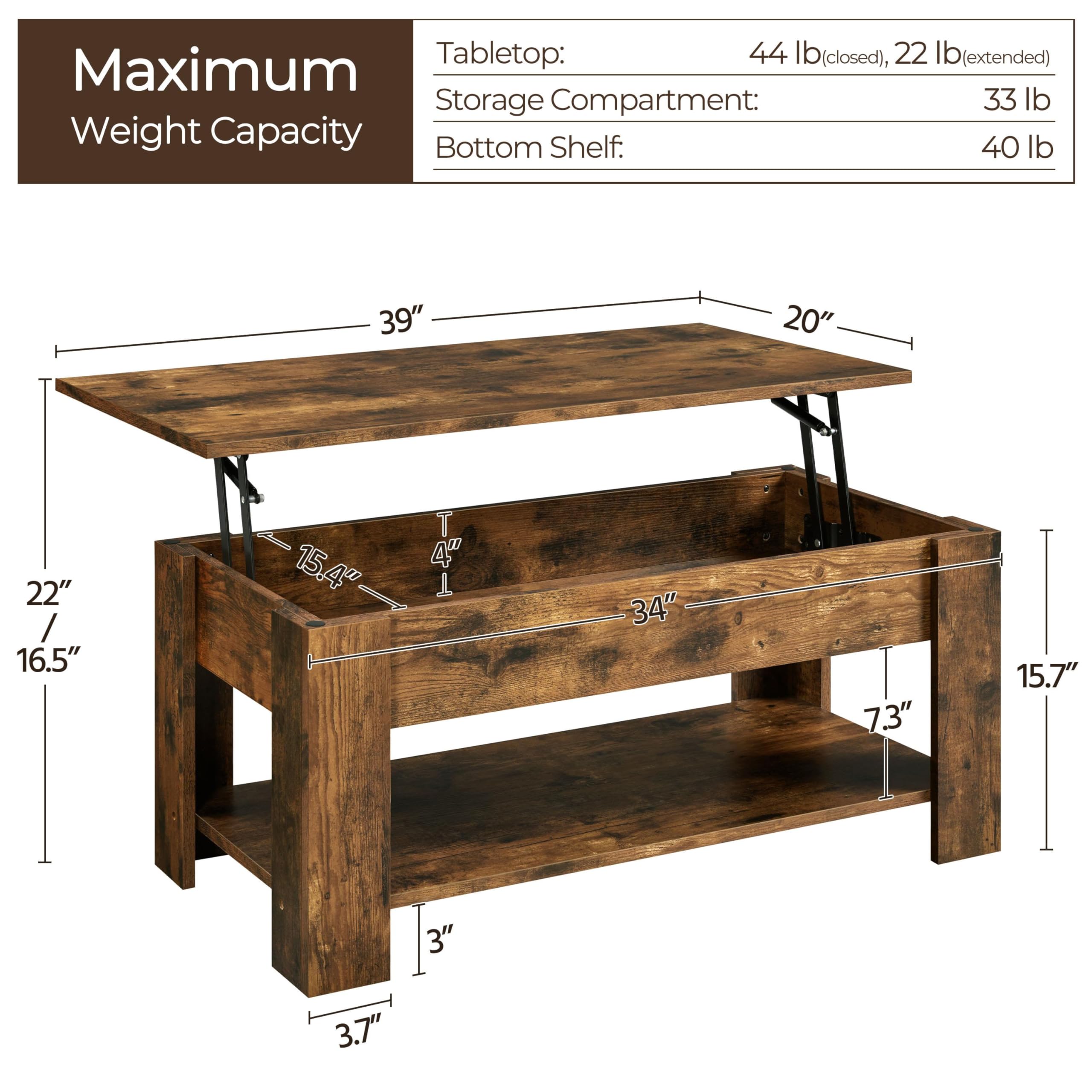 Yaheetech Vintage Coffee Table, Lift Top Coffee Table With Large Hidden Storage Shelf, Lift Tabletop Dining Table For Living Room, Home Small Space, 38.6In, Rustic Brown