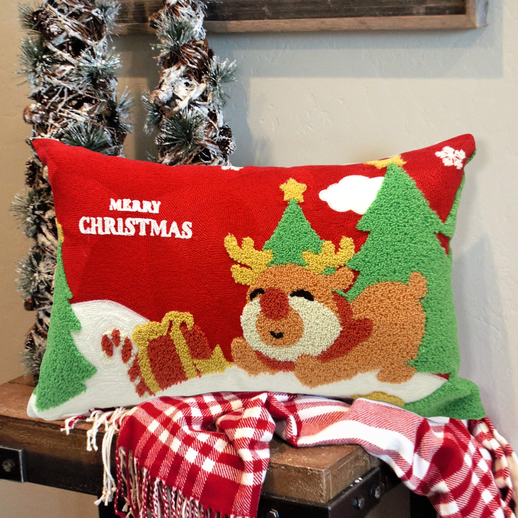 Alysheer Merry Christmas Deer Embroidered Lumbar Decorative Throw Pillow Cover 12X20, Soft Warm Cozy Cotton Embroidery Cushion C