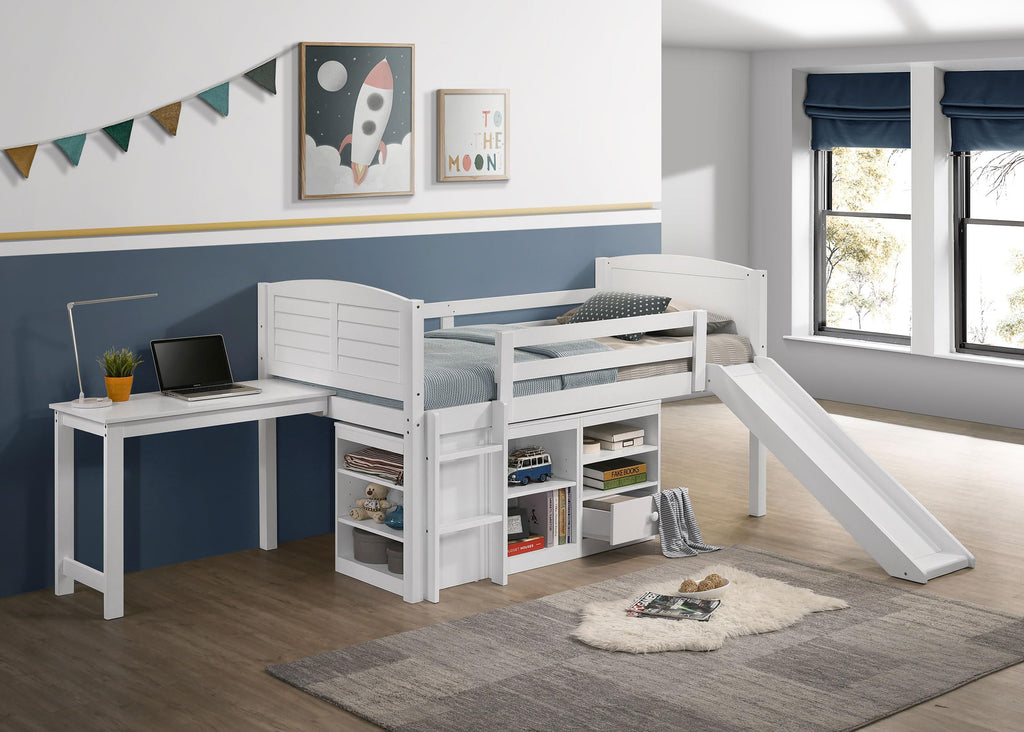 Coaster Home Furnishings Millie Transitional Wood Twin Workstation Loft Storage Bed Frame with Ladder and Guardrails with Desk and Slide Fully Slatted Mattress Ready Foundation White 400330T