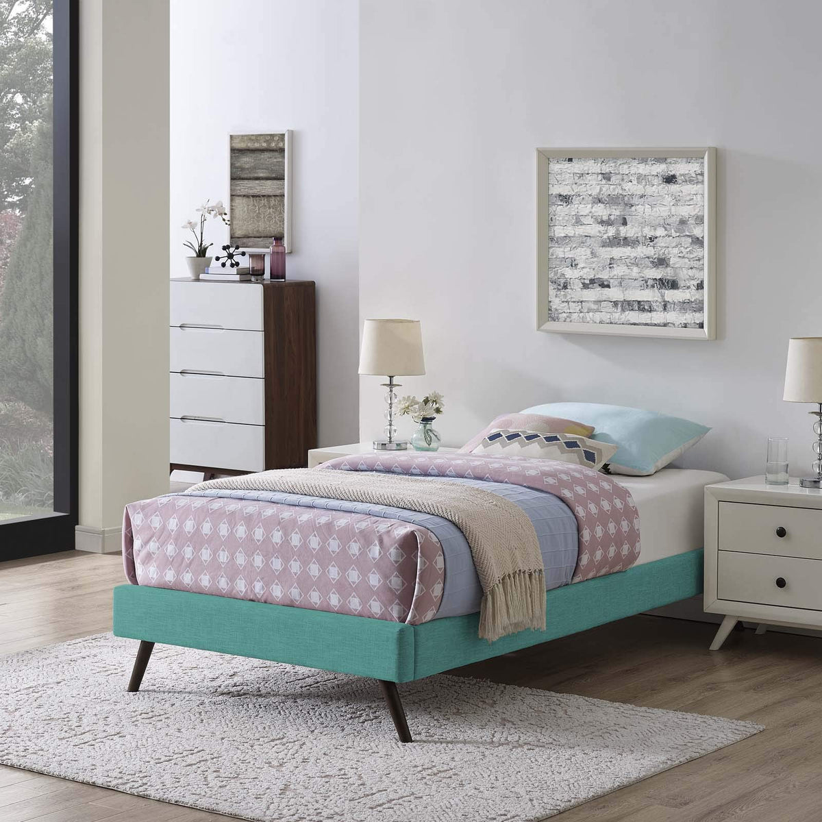 Modway Loryn Upholstered Twin Platform Bed Frame With Wood Slat Support In Teal