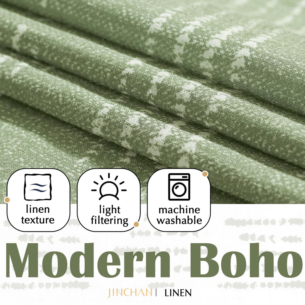 Jinchan Boho Kitchen Curtains Linen Tier Curtains 45 Inch Bohemian Cafe Curtains Geometric Striped Small Window Curtains Light Filtering Farmhouse Country For Bathroom Rv 2 Panels Sage Green