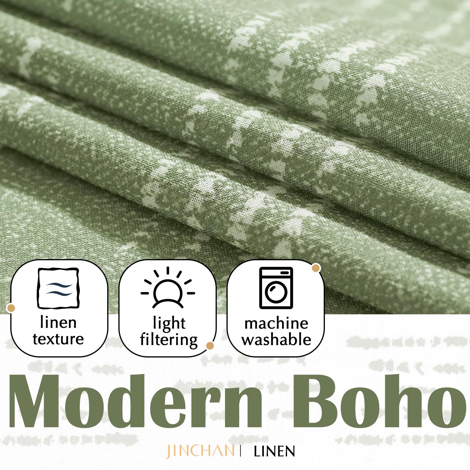Jinchan Boho Kitchen Curtains Linen Tier Curtains 45 Inch Bohemian Cafe Curtains Geometric Striped Small Window Curtains Light Filtering Farmhouse Country For Bathroom Rv 2 Panels Sage Green