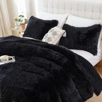 Smoofy Faux Fur Black Comforter Set Twin Size 2Pcs Fluffy Fuzzy Plush Comforter Set Cute Soft Shaggy Velvet Double-Sided Bedding