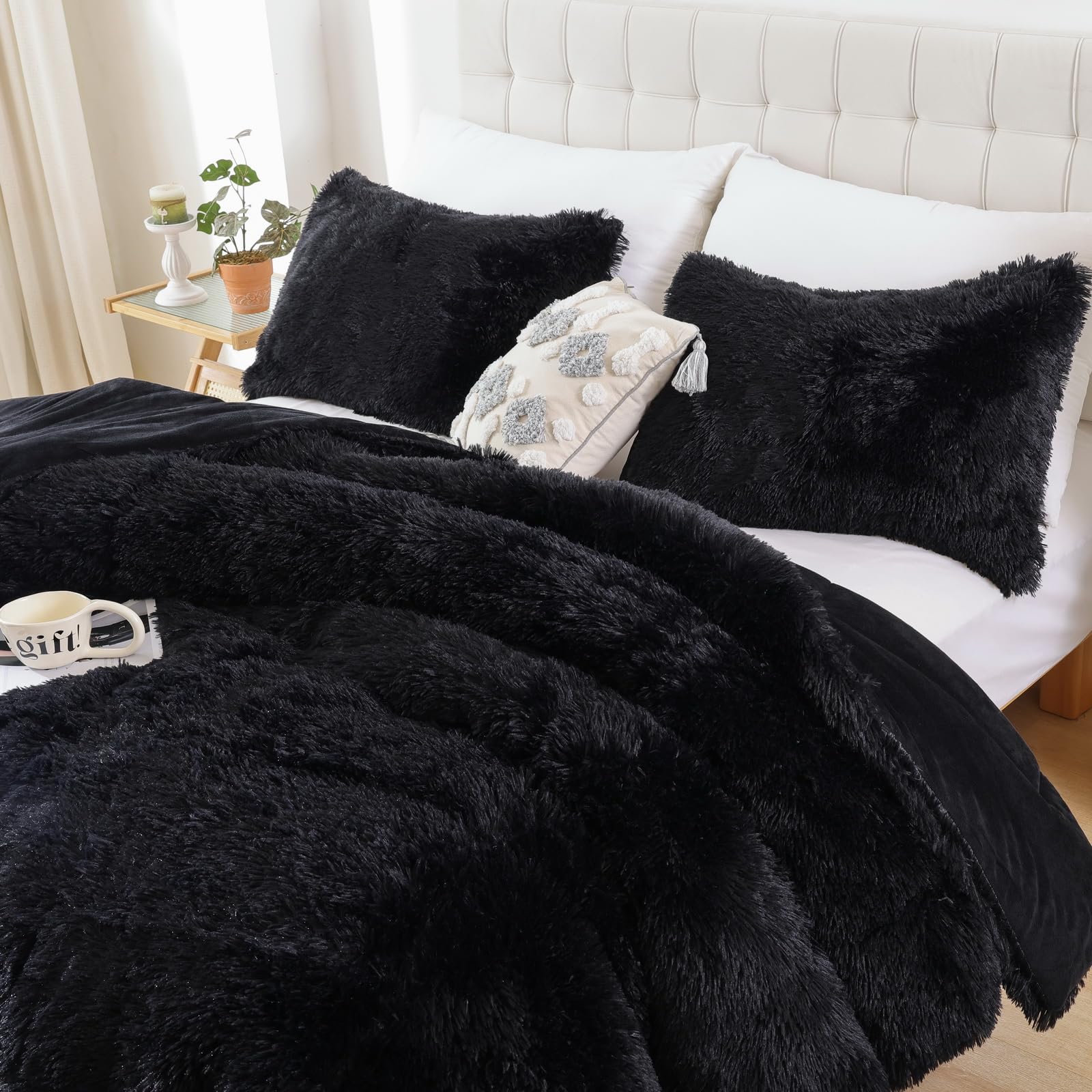 Smoofy Faux Fur Black Comforter Set Twin Size 2Pcs Fluffy Fuzzy Plush Comforter Set Cute Soft Shaggy Velvet Double-Sided Bedding