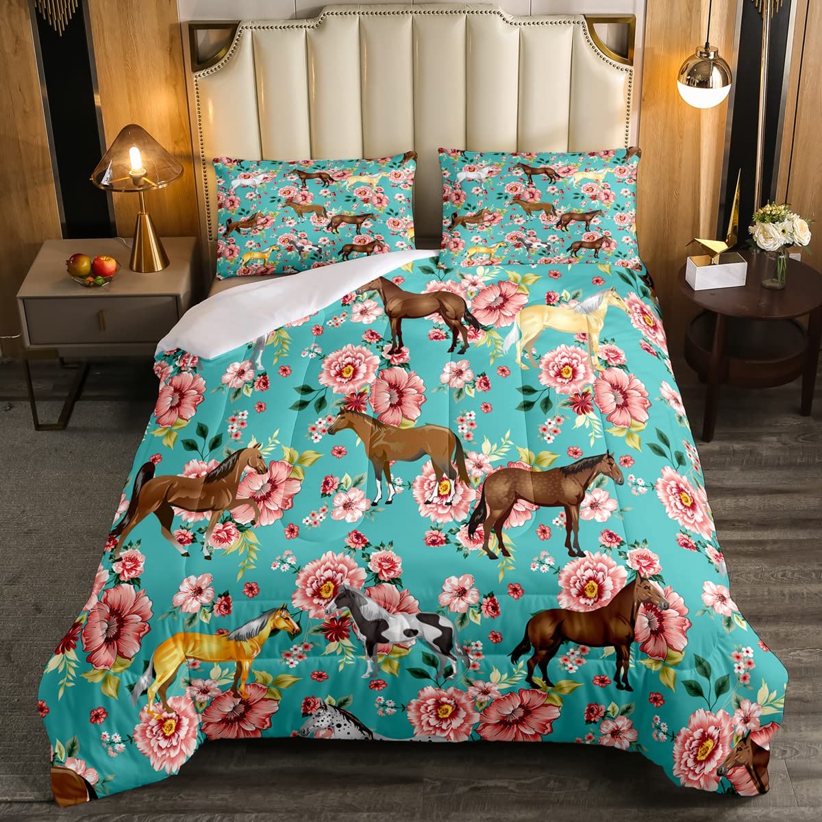 Horse Bedding Set Queen Chic Retro Blossom Comforter Set For Kids Girls Teens Galloping Horse Comforter Romantic Aesthetic Style