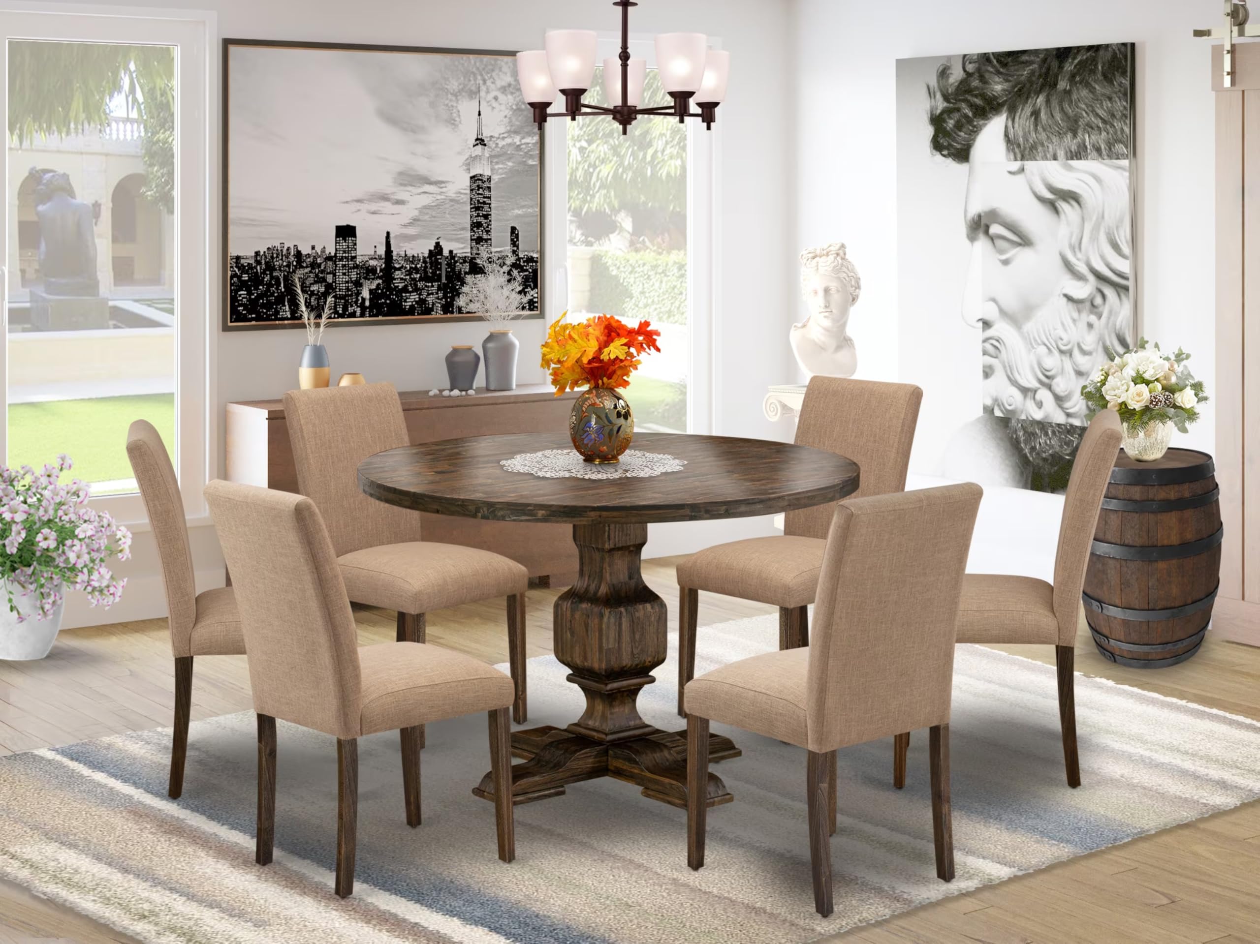 East West Furniture I3AB7-747 7 Piece Modern Dining Table Set Consist of a Round Wooden Table with Pedestal and 6 Light Sable Linen Fabric Parson Chairs, 48x48 Inch, Distressed Jacobean