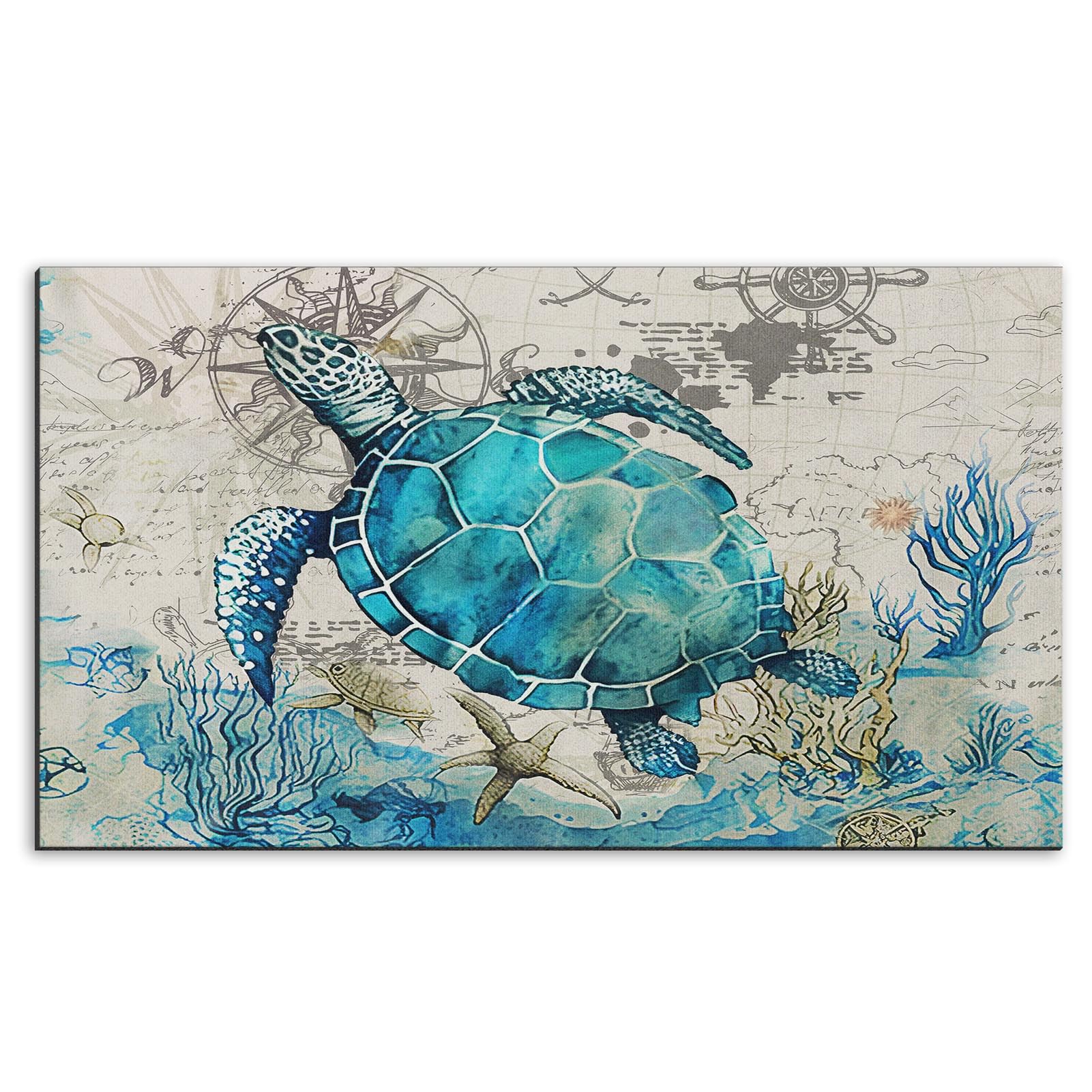 Arttown Summer Sea Turtle Ocean Painting Door Mat, 17 X 30 Fish Blue Vintage Doormat Decorative Home Floor Mat, Non Slip Rubber