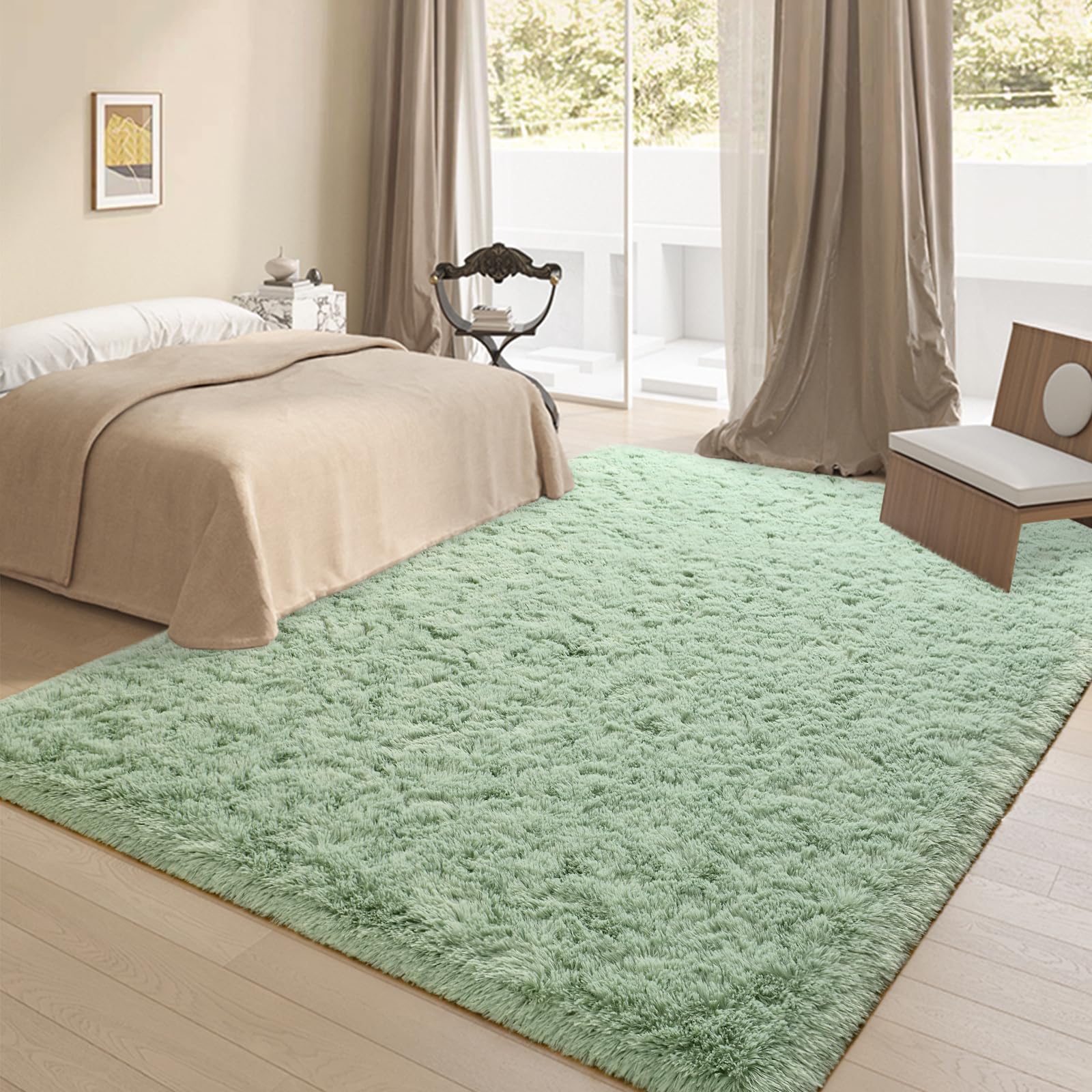 Falark Super Soft Area Rugs For Bedroom Living Room, 5X7 Ft Green Fluffy Rug Carpets For Girls Kids Room, Shaggy Fuzzy Indoor Mo