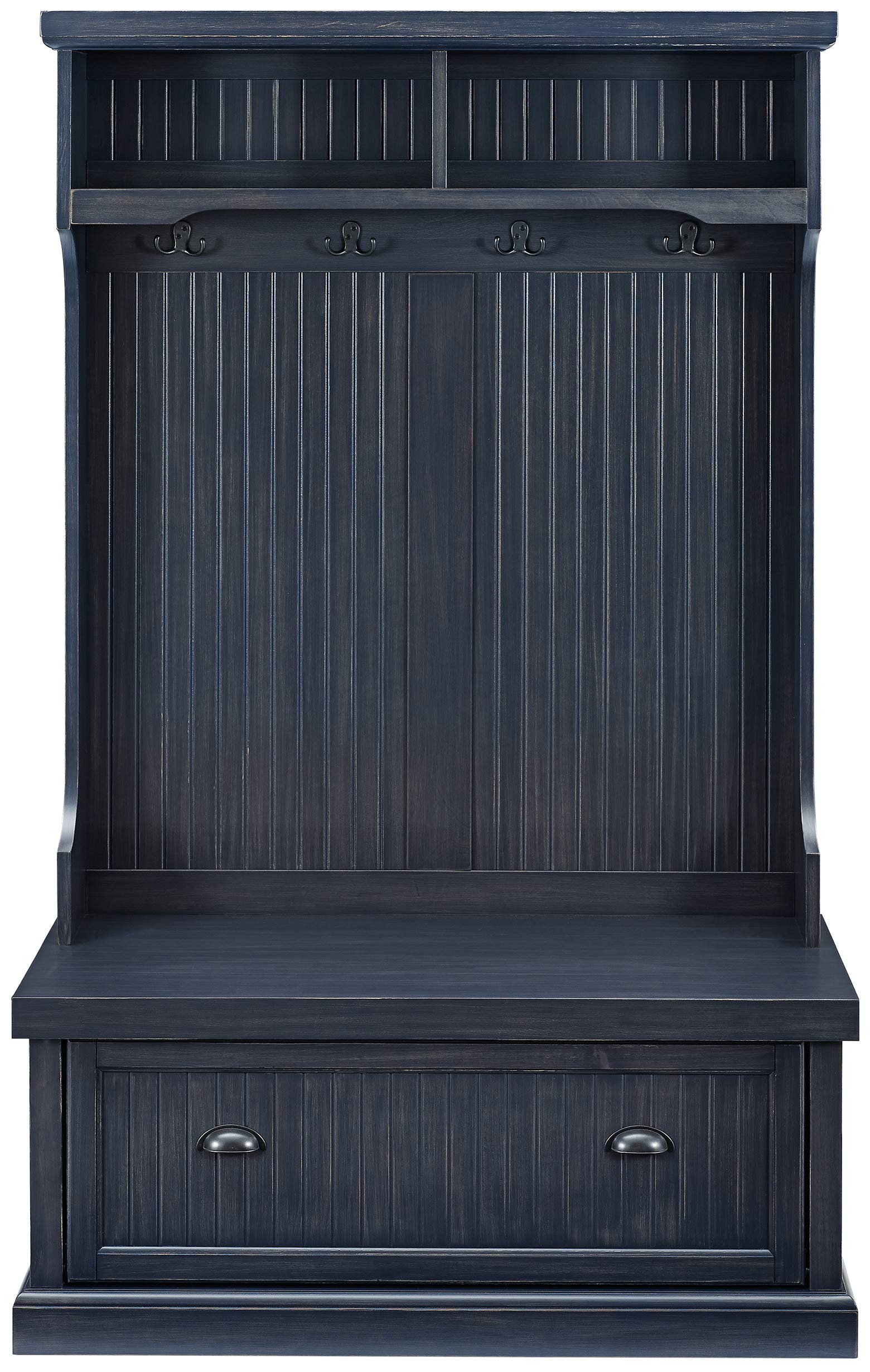 Crosley Furniture Seaside Hall Tree with Shoe Rack Bench and Coat Hooks for Hanging Storage, Distressed Navy