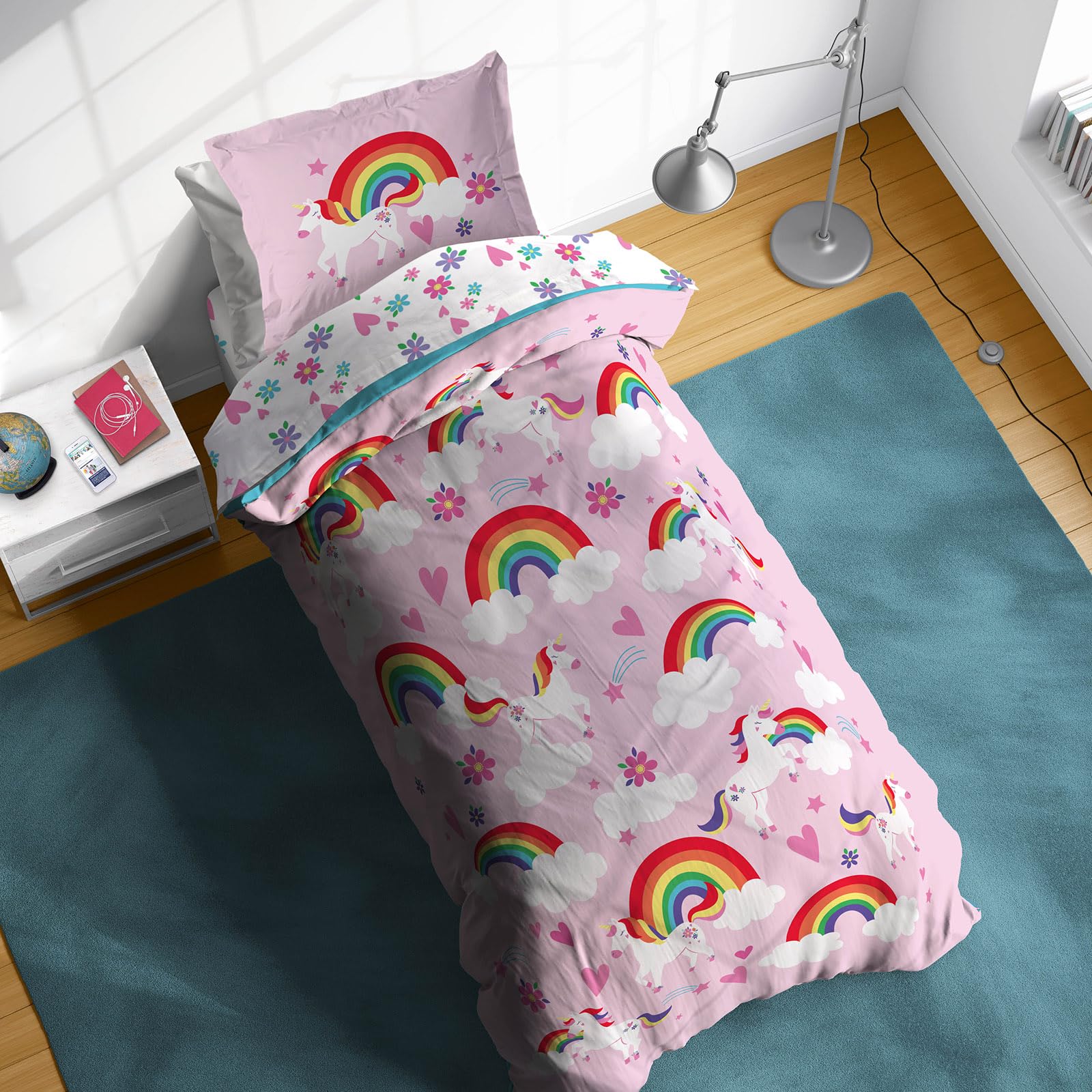 Sunny Side Up Rainbow Unicorns Twin Comforter Set - 5 Piece Kids Bedding Includes Comforter, Sheets & Pillow Cover - Super Soft