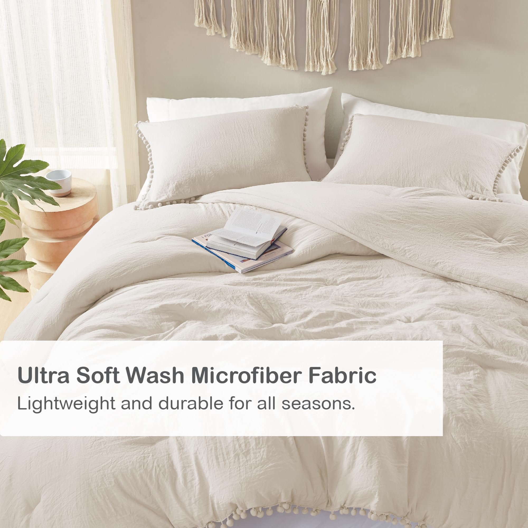 Codi Beige King Comforter Set - Boho Aesthetic Luxurious Pom Fringe Bedding For Girls, Cute Soft Washed Microfiber Taupe Bed Set