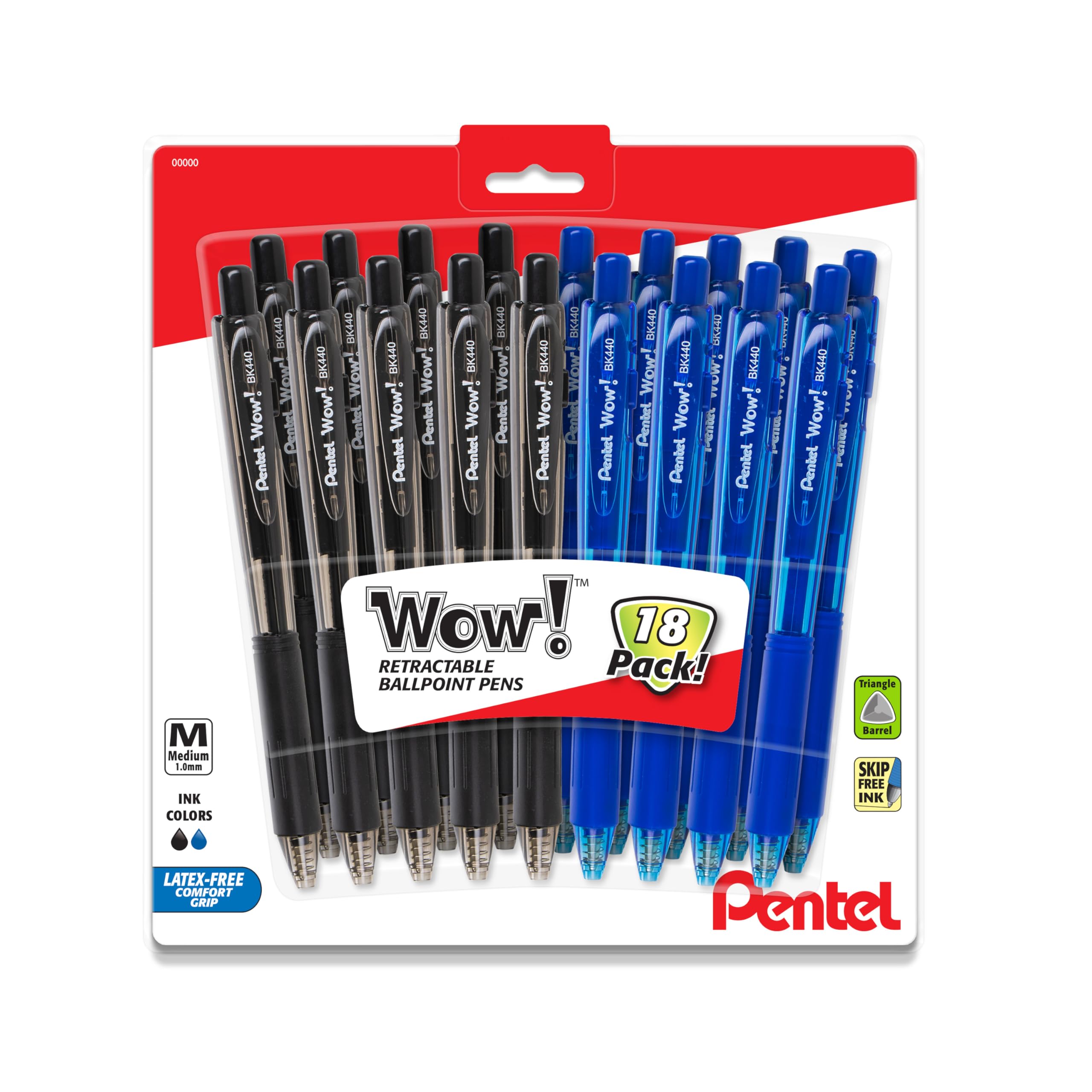 Pentel Wow! Retractable Ballpoint Pen - Black And Blue Ink Pens Medium Point - 1.0Mm - 18 Pack (9 Black & 9 Blue) - Triangle Pen