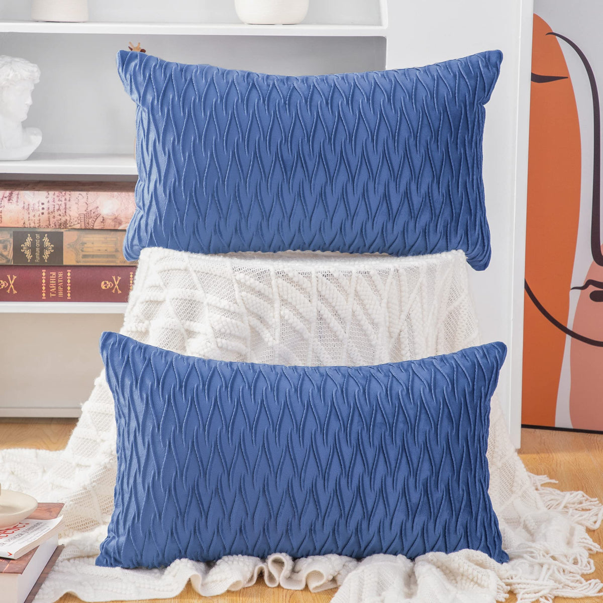Madizz Set Of 2 Super Soft Velvet Decorative Throw Pillow Covers 12X20 Inch Royal Blue Rectangular With Texture Luxury Style Cus