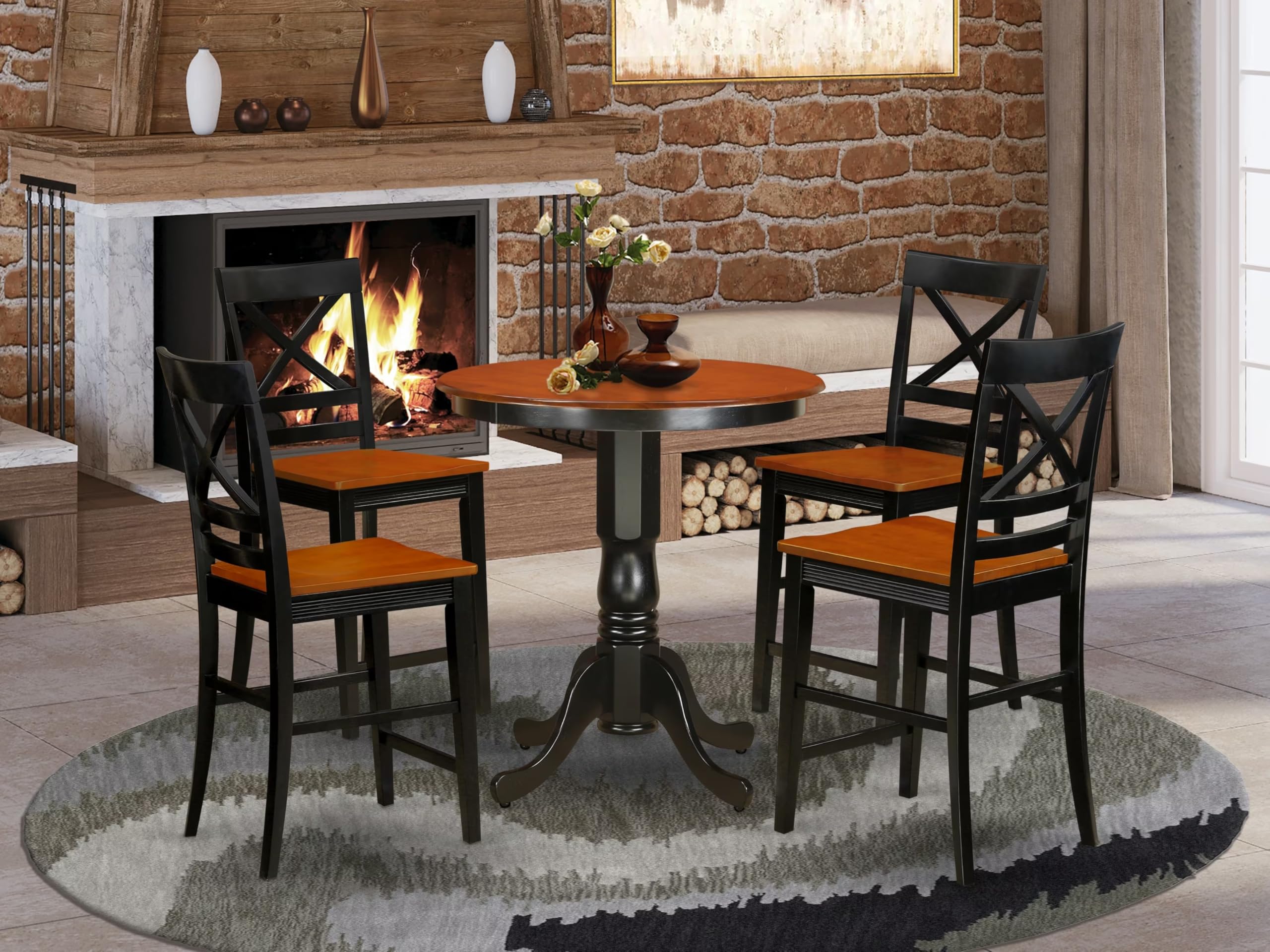 East West Furniture EDQU5-BLK-W 5 Piece Counter Height Dining Set Includes a Round Kitchen Table with Pedestal and 4 Dining Room Chairs, 30x30 Inch, Black & Cherry