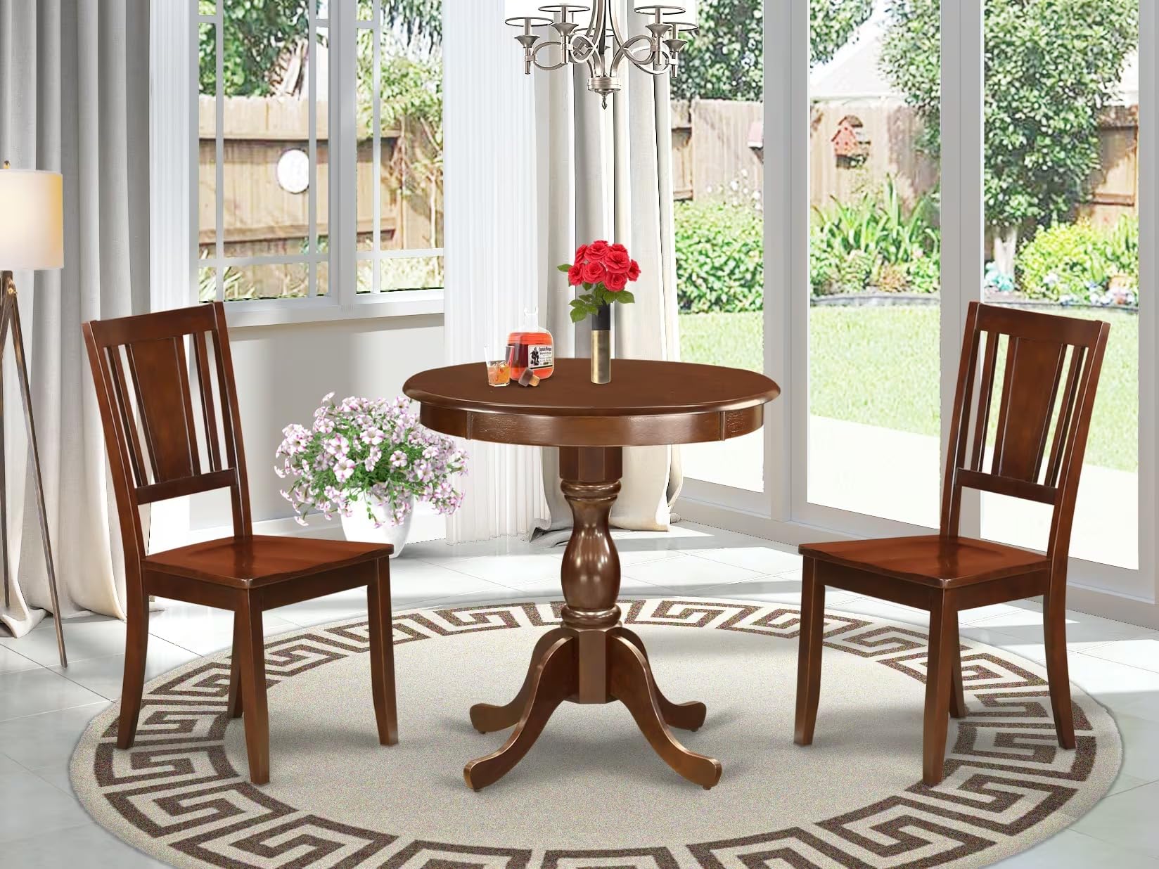 East West Furniture Esdu3-Mah-W 3 Piece Dining Room Furniture Set Contains A Round Kitchen Table With Pedestal And 2 Dining Chairs, 30X30 Inch, Mahogany