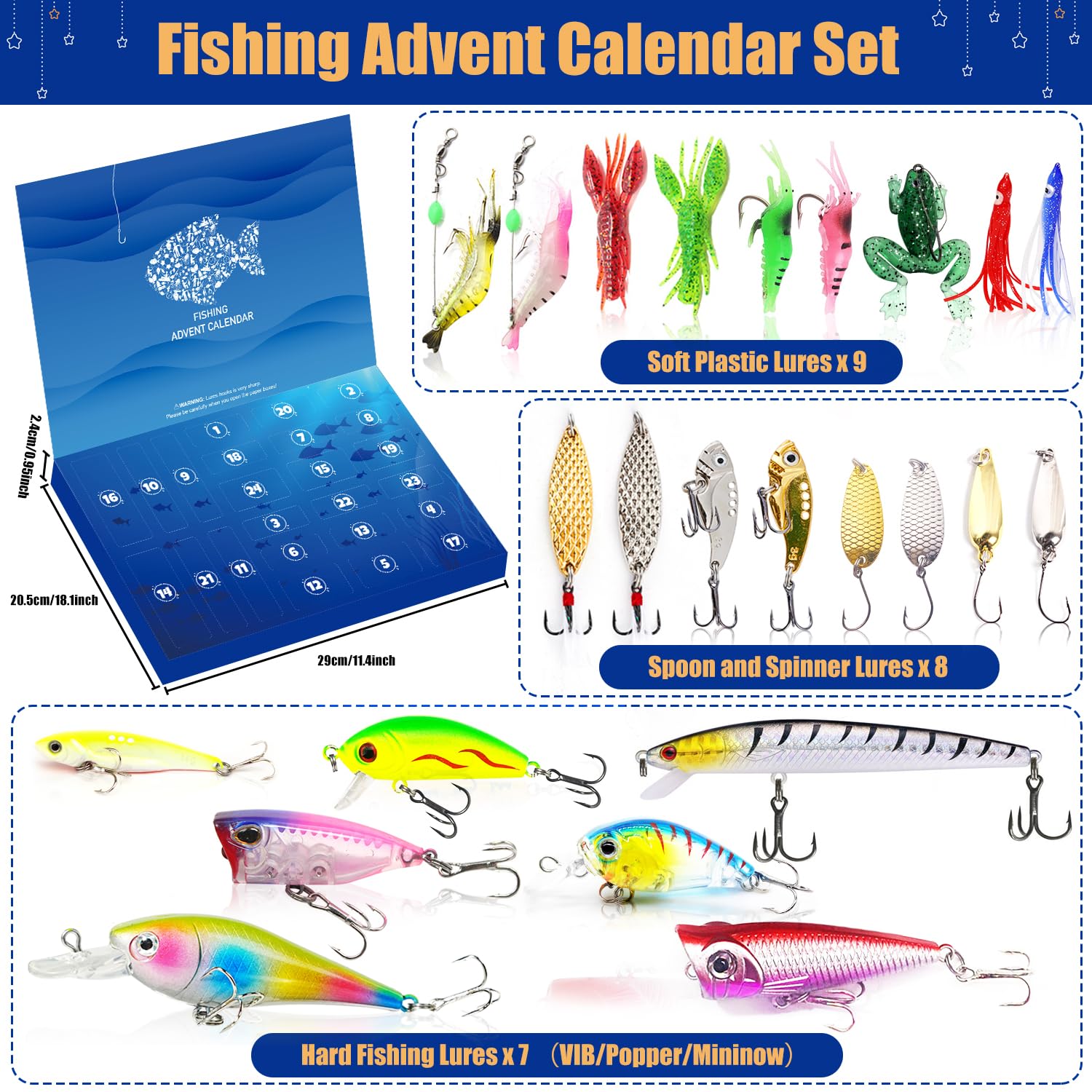 Fishing Advent Calendar 2024 Adult Men Teen Boys, 24 Day Fishing Lure Countdown Calendar With Spoons Minnow Popper Crankbait Vib
