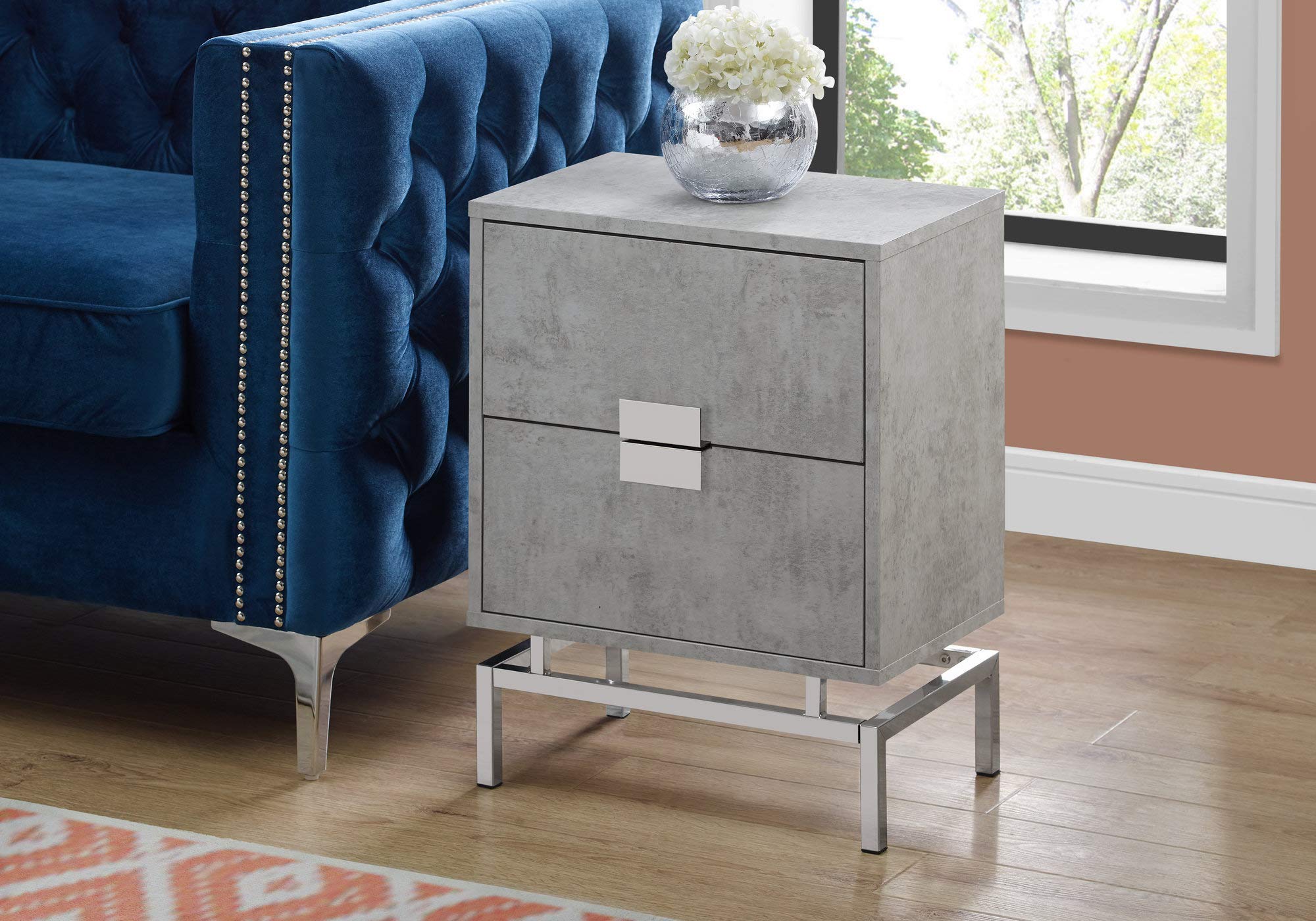 Monarch Specialties Accent, End, Night Stand, Side Table, 2 Drawers, 24&quot; H, Grey Cement/Chrome