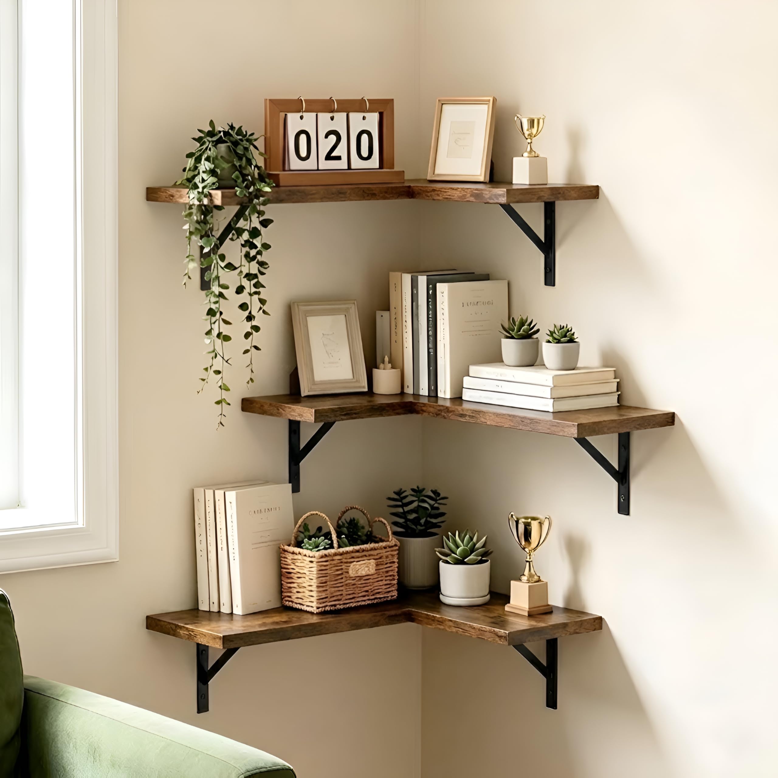 OXMIC Corner Wall Floating Shelves, Book Shelf for wall, Corner Shelf for Living Room Decor, Natural Wood MDF, Rustic Brown, Set
