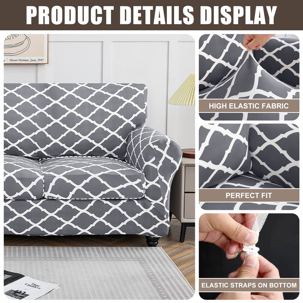 Searchi Stretch Sofa Cover Printed Couch Cover, Floral Pattern 4 Pieces Sofa Slipcover With 3 Separate Cushion Cover, Washable Furniture Protector For Living Room(Sofa, Gray+White)