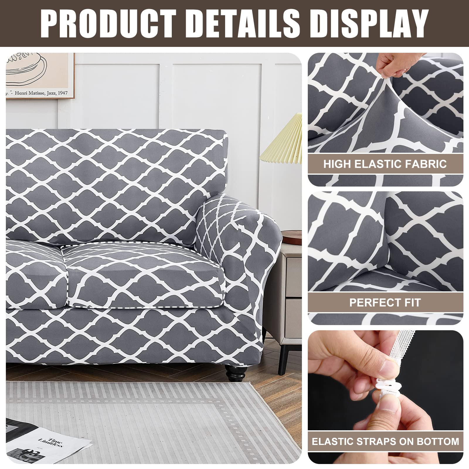 Searchi Stretch Sofa Cover Printed Couch Cover, Floral Pattern 4 Pieces Sofa Slipcover With 3 Separate Cushion Cover, Washable Furniture Protector For Living Room(Sofa, Gray+White)