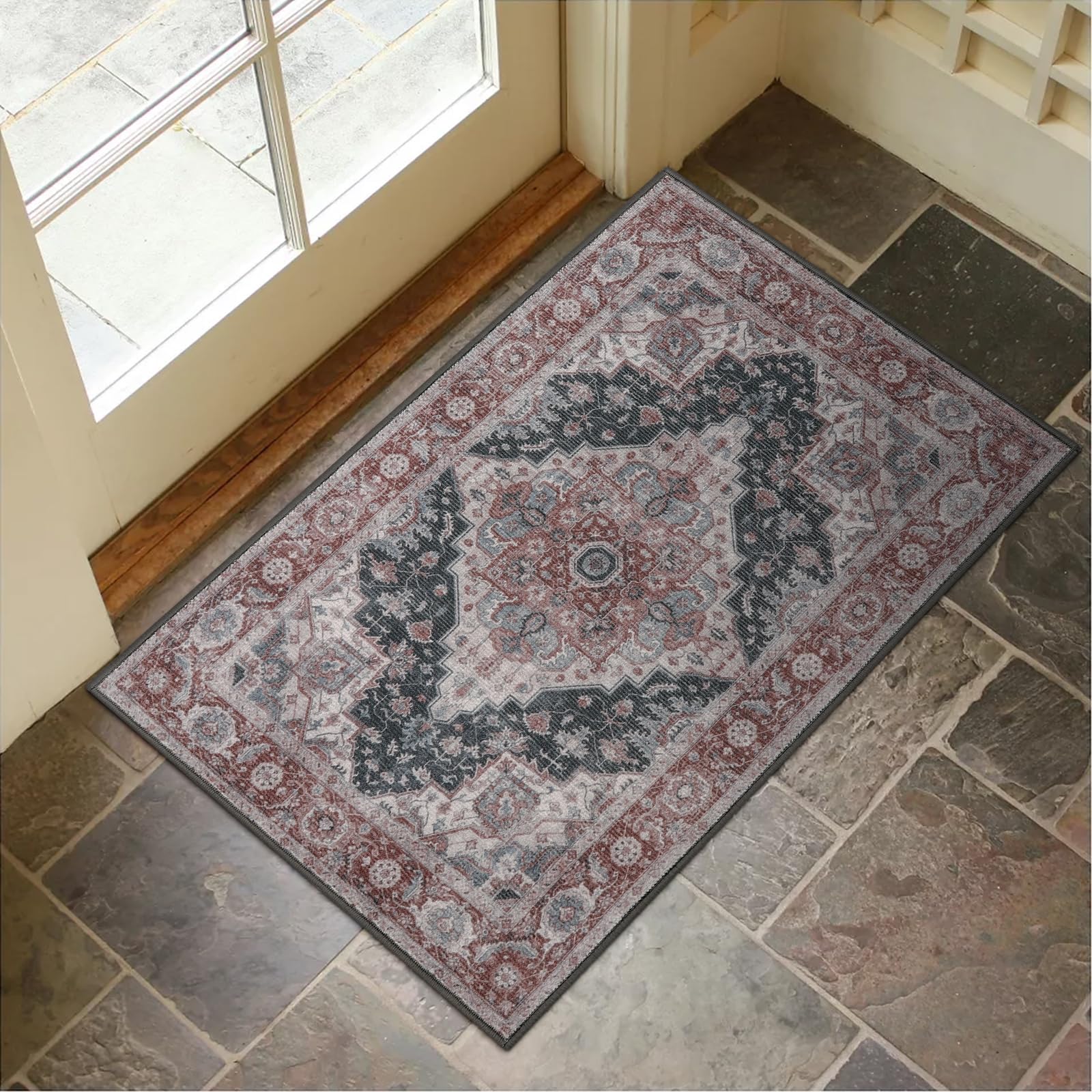 Collive Washable Indoor Doormat, Non Slip Retro Floor Mat 24 x 36 Area Rug Quick Absorbent Entrance Rug Distressed Front Door Ma