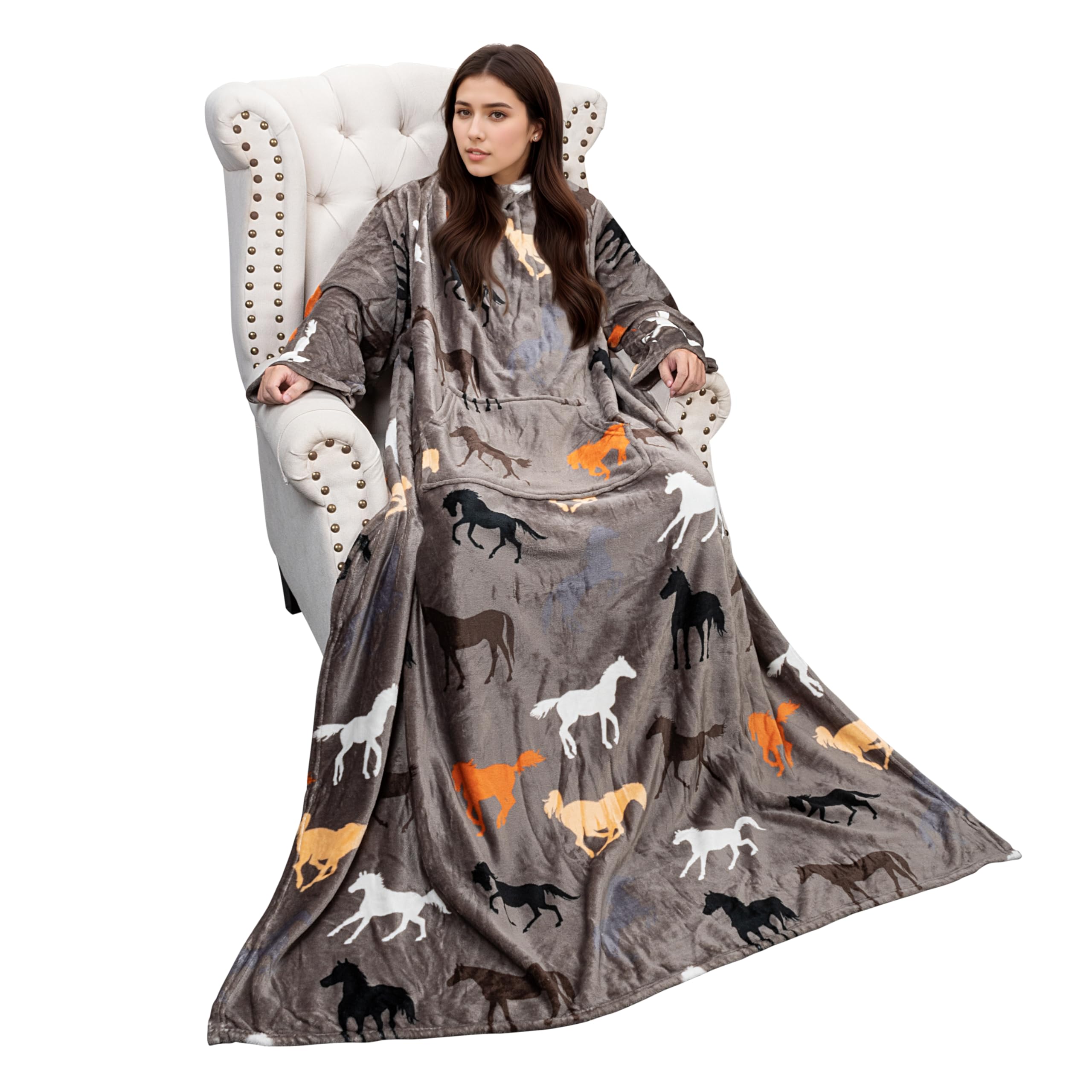 Solaris Wearable Horse Pattern Blanket With Sleeves, Super Soft Warm Snuggy Body Tv Throw Blanket For Home Office Lounge, Horse